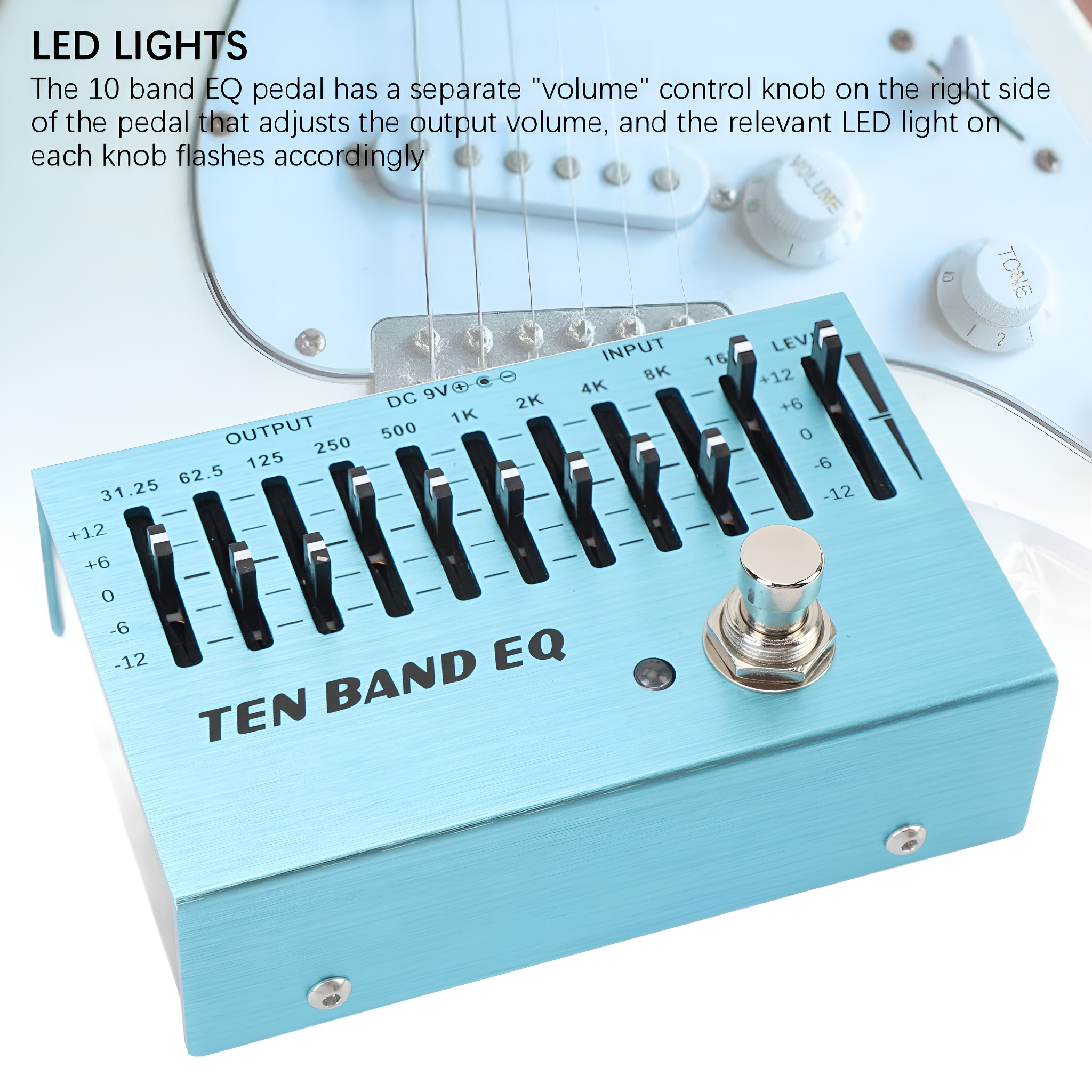 Blaues Zehn-Band-EQ-Pedal mit Schiebereglern und einem Knopf. Text: 'TEN BAND EQ'.