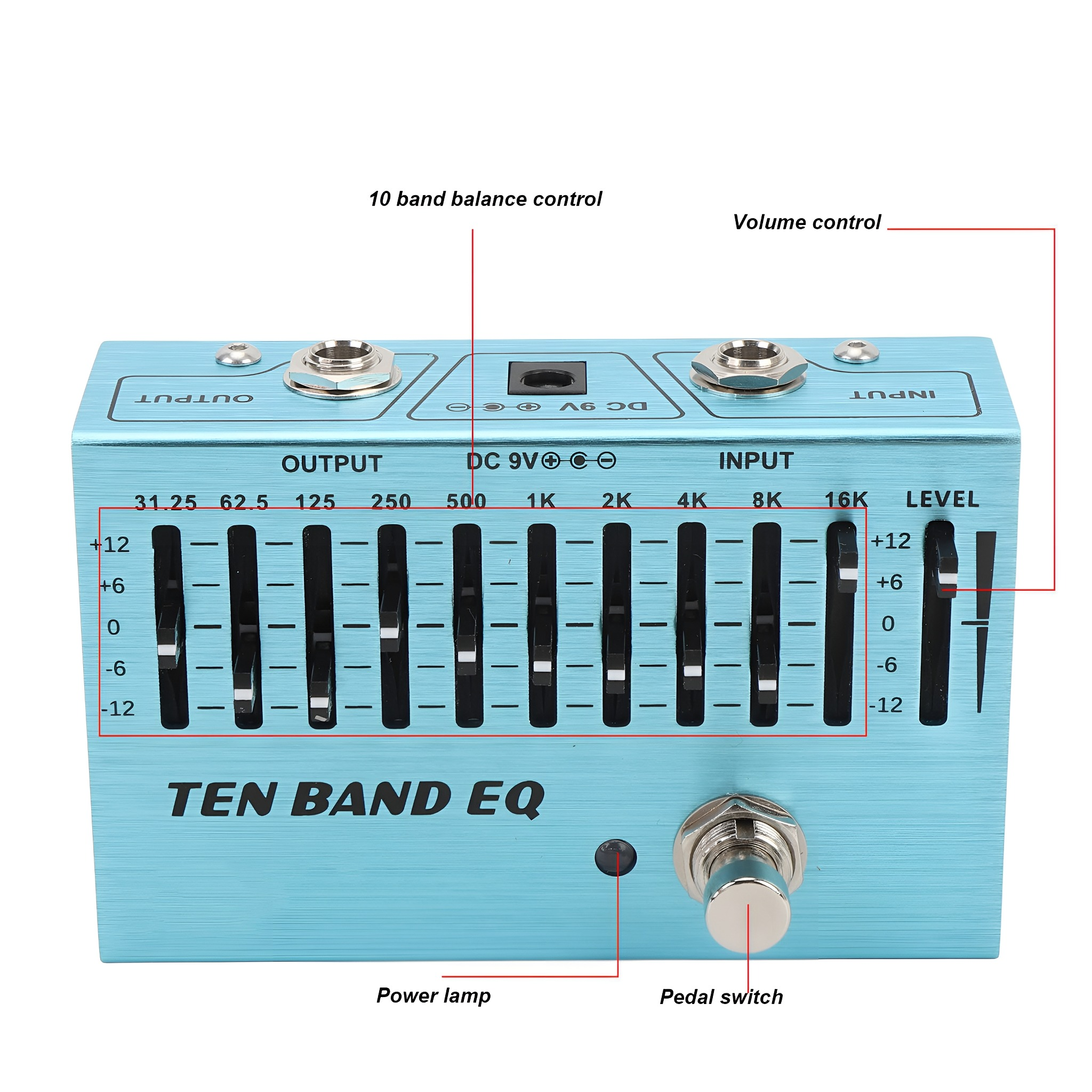 Ein blauer 10-Band EQ-Pedal mit verschiedenen Schiebereglern und Bedienelementen. Es hat Ein- und Ausgangsbuchsen.