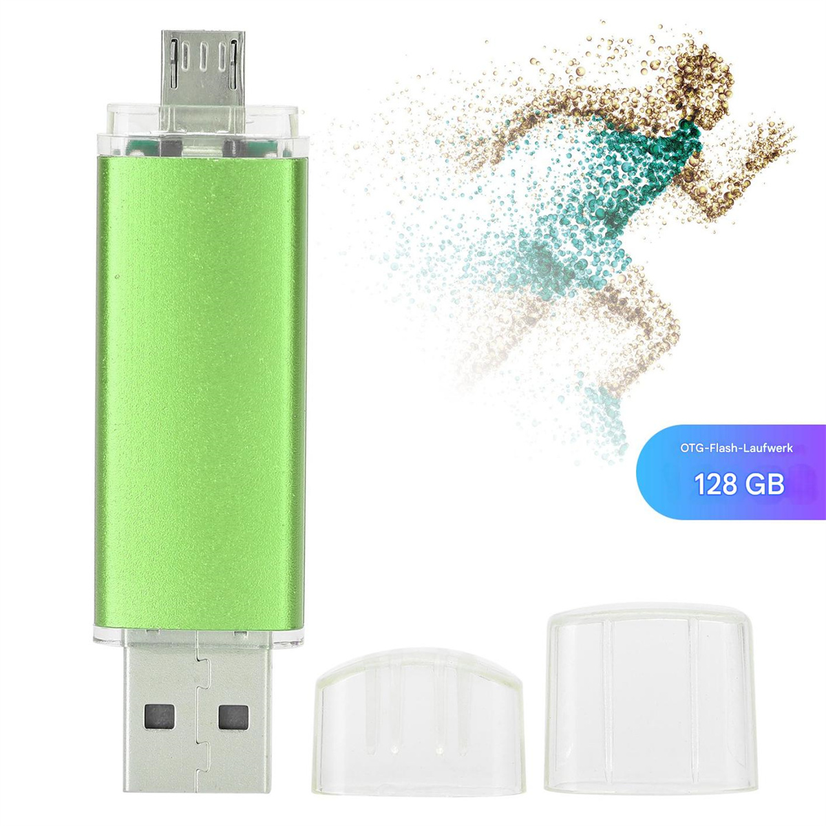 Grüner USB-Stick mit grünem Metallgehäuse und zwei Kappen. Der Stick zeigt 128 GB Kapazität mit einer laufenden Person.