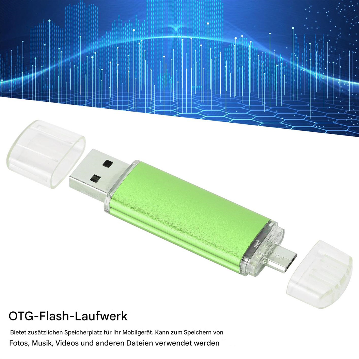 Ein grüner USB-Stick ohne Kappe neben der Verpackung mit Text.