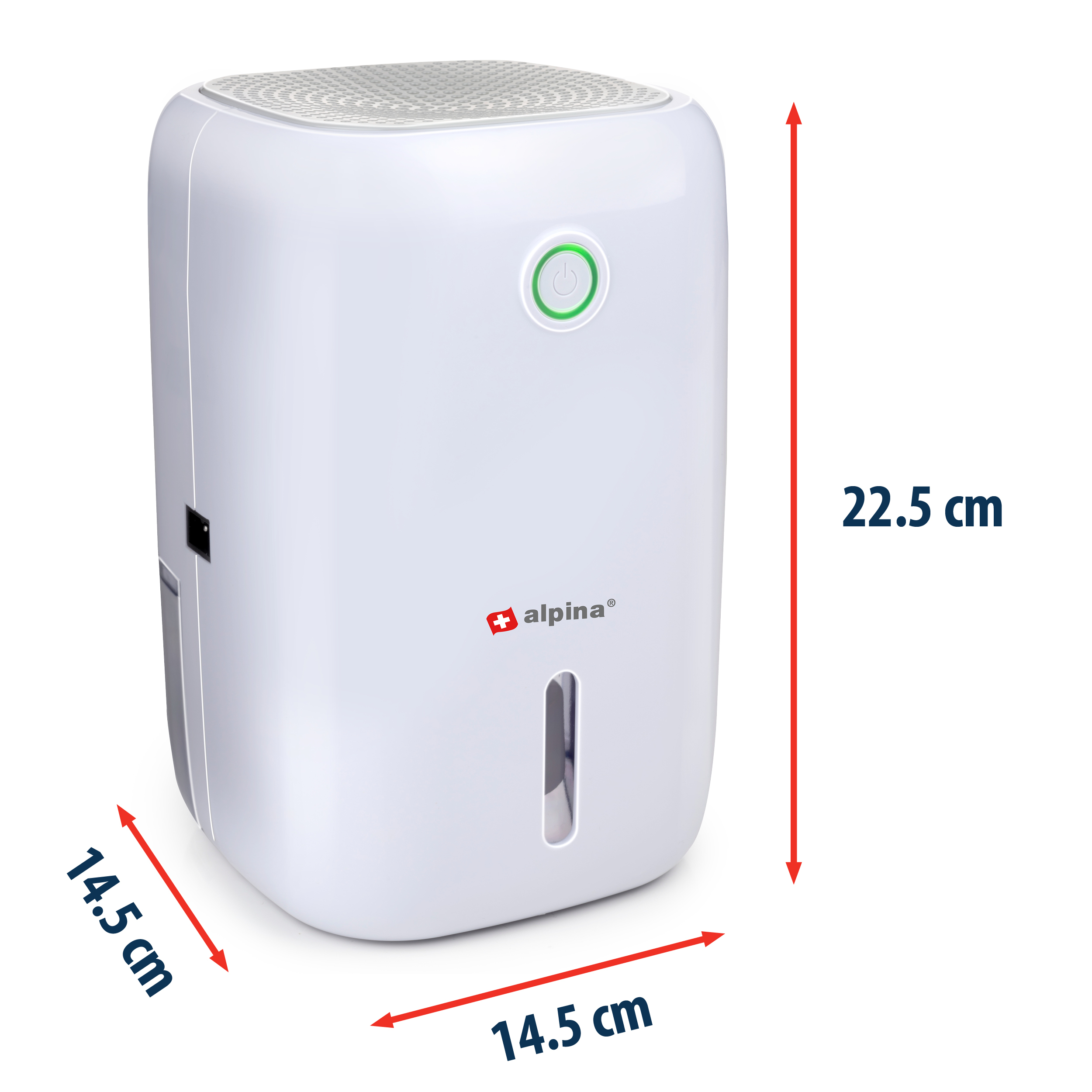 Een witte luchtontvochtiger met afmetingen: 14,5 cm breed, 14,5 cm diep en 22,5 cm hoog.