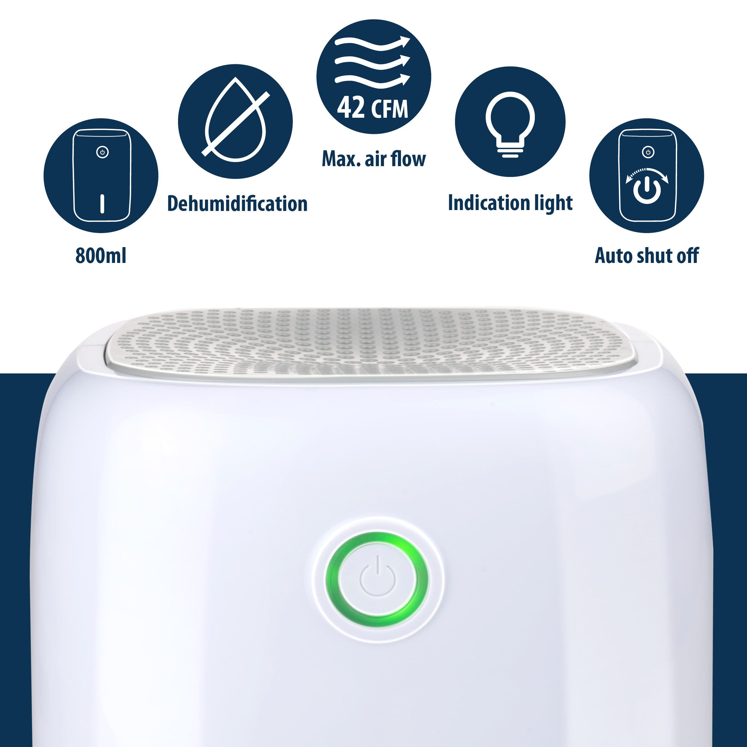 Een witte luchtontvochtiger met pictogrammen voor 800 ml capaciteit, ontvochtiging, luchtstroom, licht en automatisch uitschakelen.
