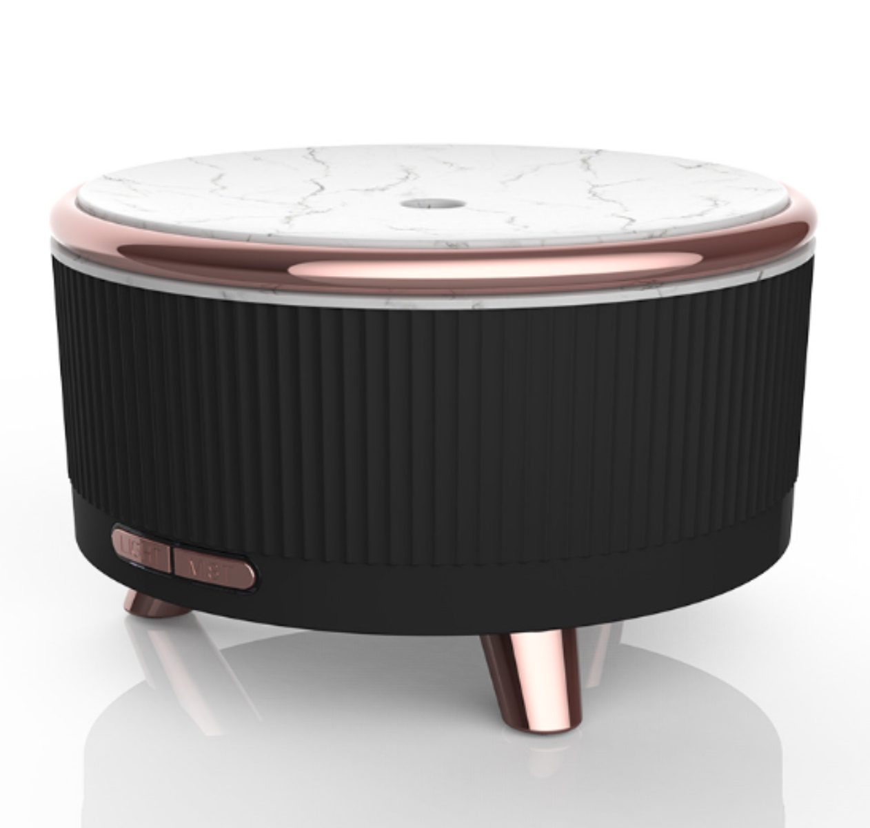 Schwarzer und weißer Diffusor mit roségoldenen Zierleisten. Runde Form mit Tasten.