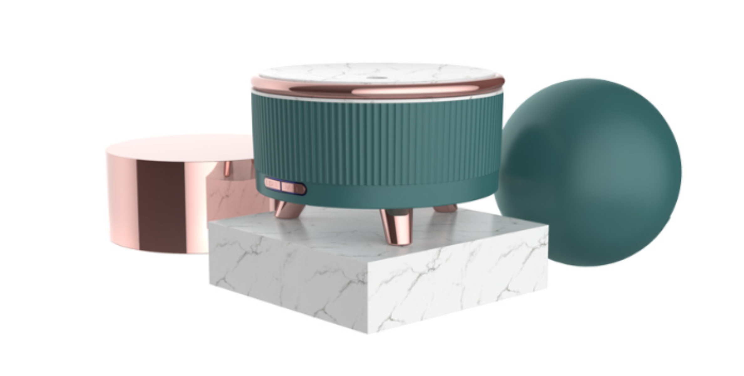 Ein teal- und roségoldfarbener Diffusor für ätherische Öle auf einem weißen Marmorblock.