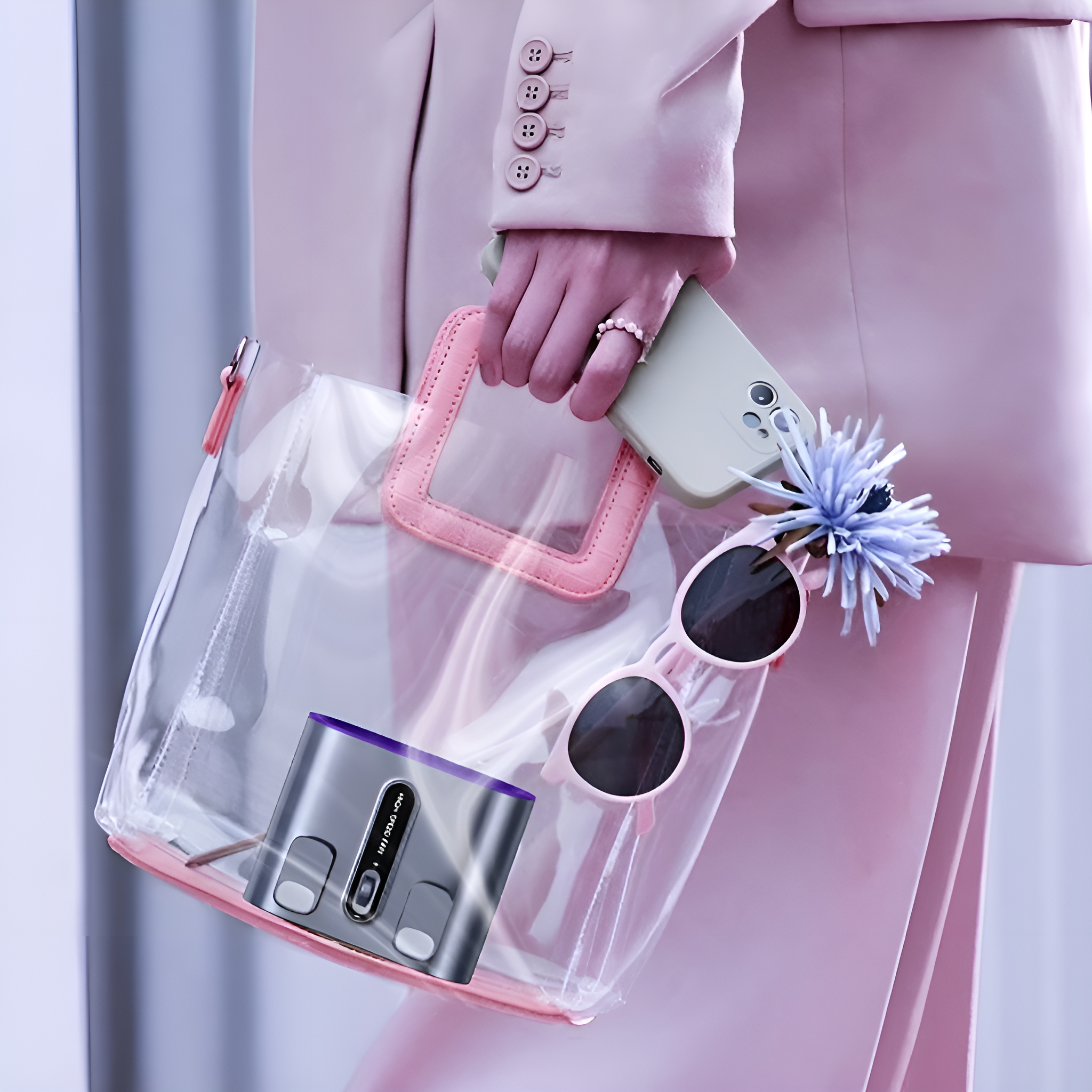 Frau in rosa Anzug, hält transparente Tasche mit Gegenständen, Sonnenbrille und Telefon.