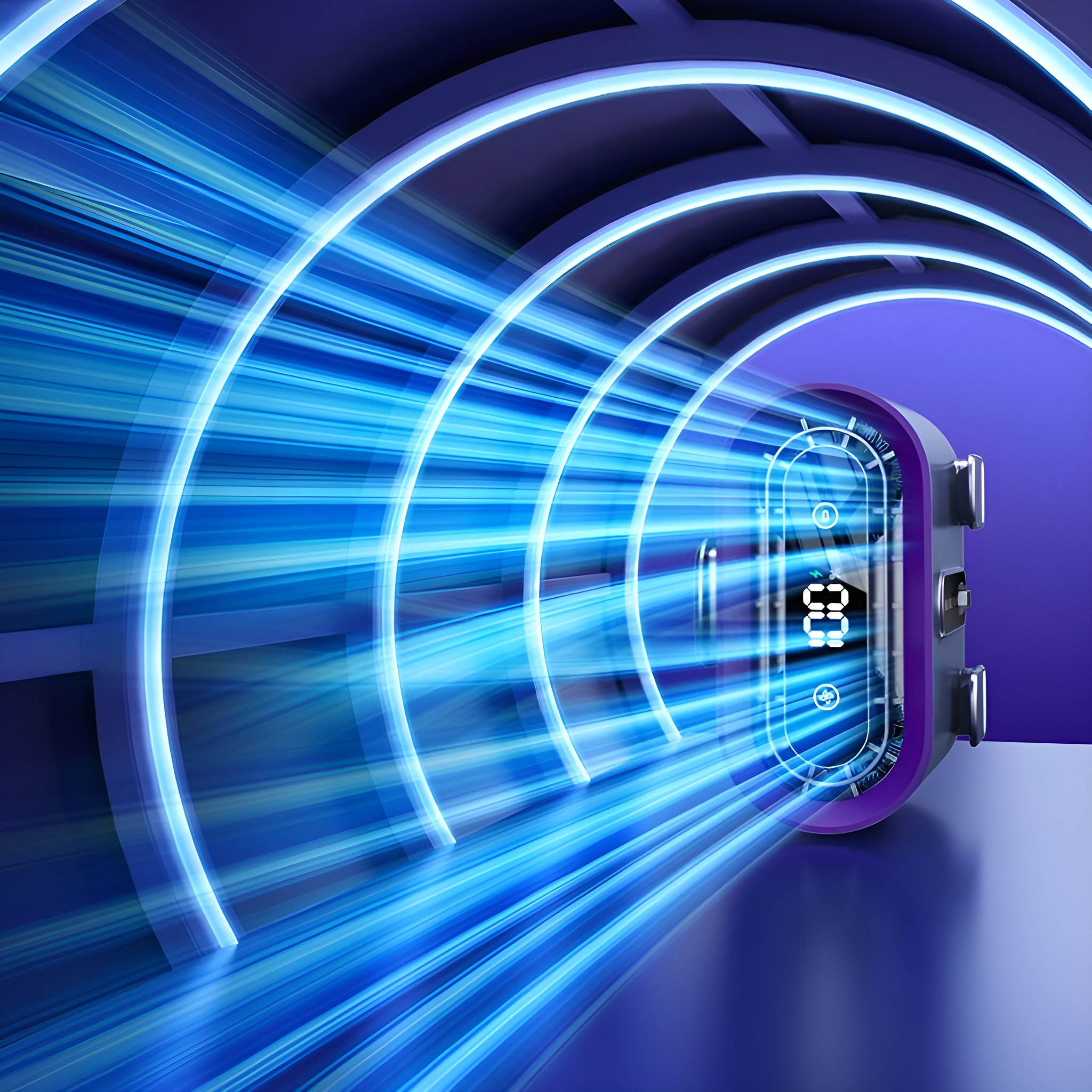 Eine Uhr mit blauen Lichtspuren und einer Digitalanzeige.