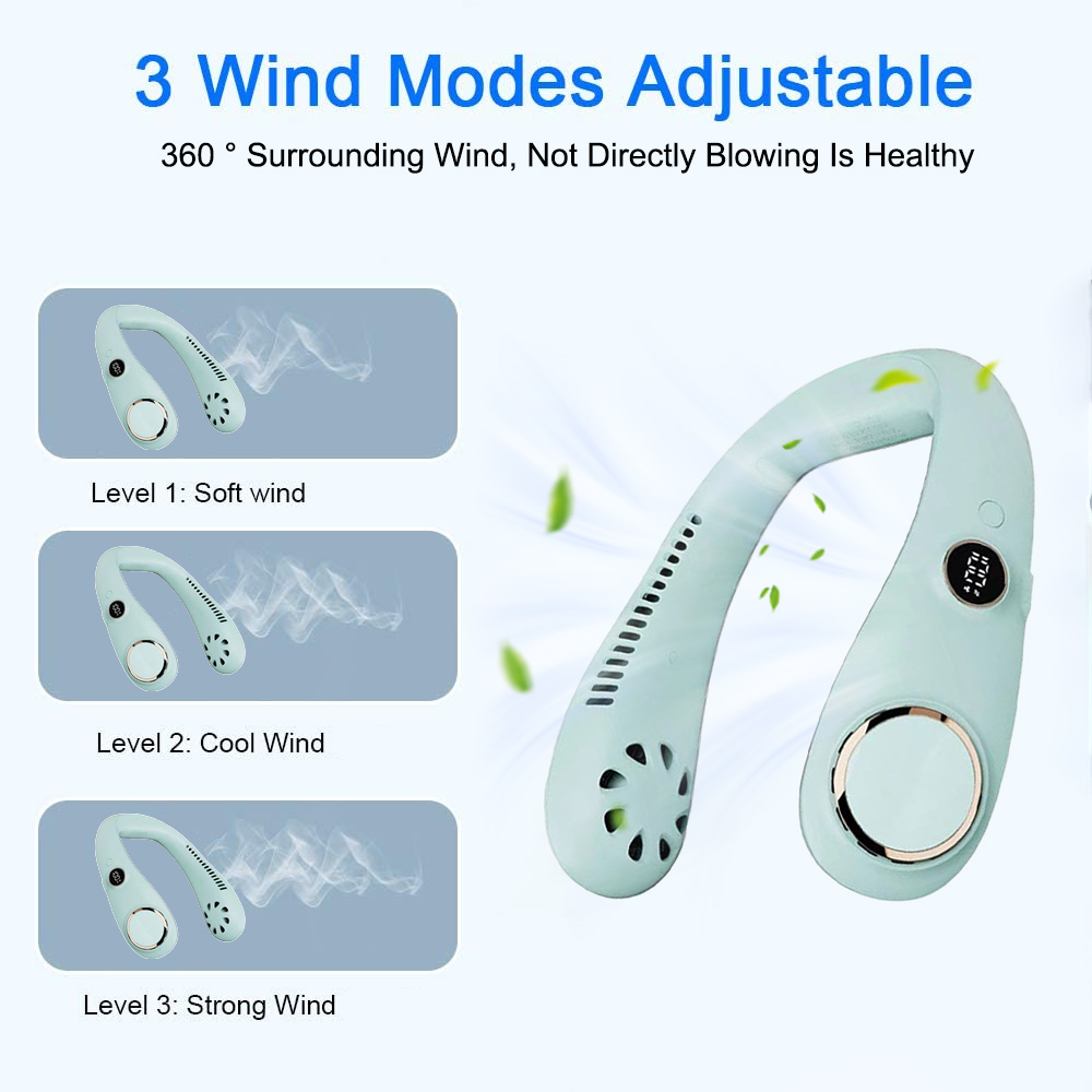 Nackenventilator mit einstellbaren Windmodi. Drei Diagramme zeigen verschiedene Windeinstellungen.