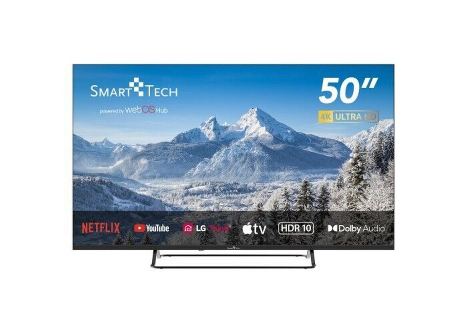 Smart TV da 50 pollici. Lo schermo mostra una scena di montagna, la TV è su un supporto.