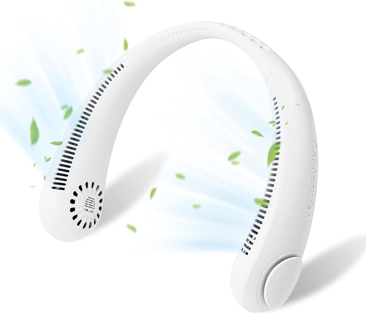 Ein weißer Nackenfächer mit Lüftungsschlitzen, geschwungenem Design und Blättern. Der Markenname ist