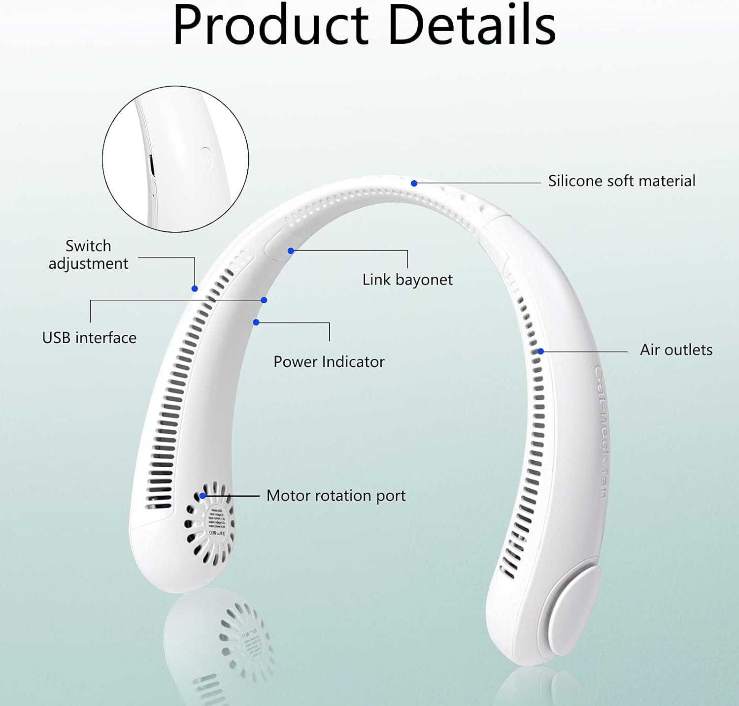 Weißer Nackenventilator mit Etiketten, die Merkmale anzeigen: Schalter, USB, Leistungsanzeige, Luftauslässe und Motoranschluss.