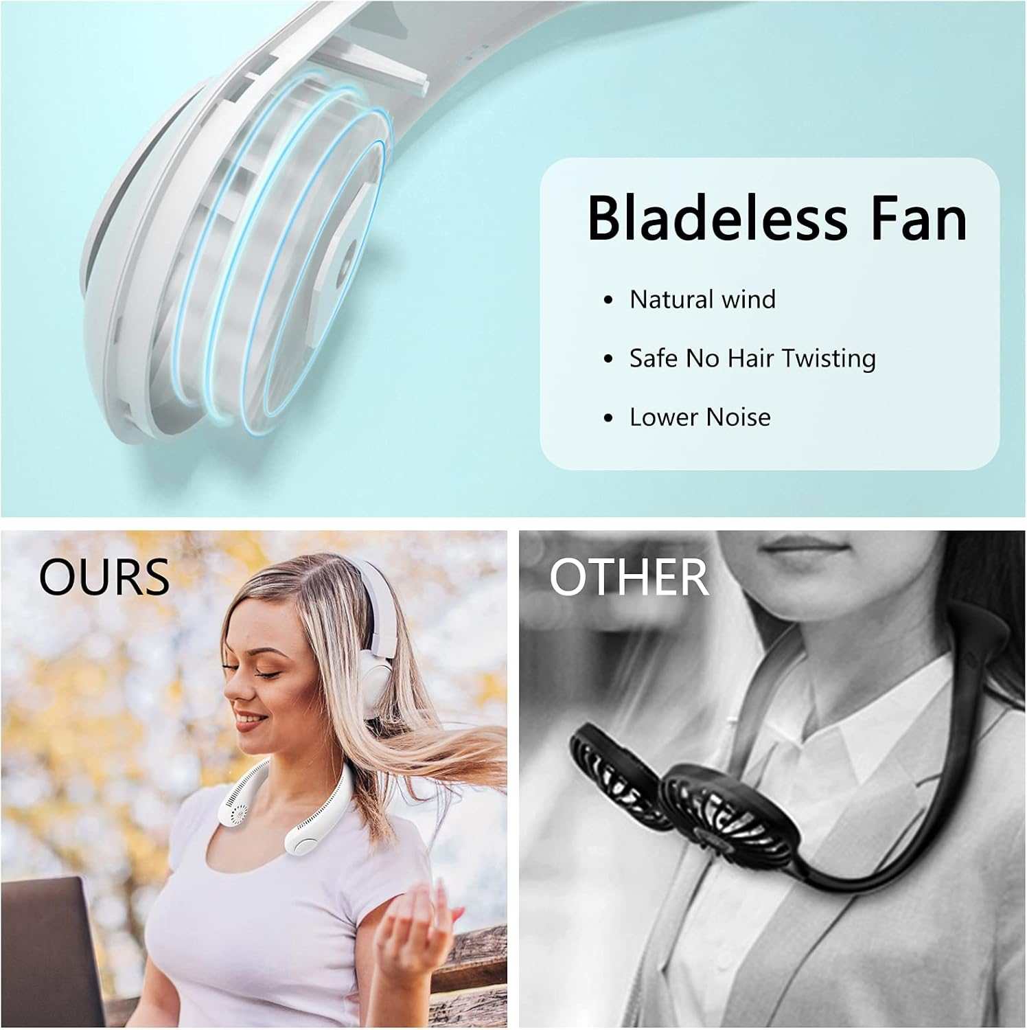 Weißer, blattloser Ventilator. Eine Person, die den Ventilator trägt. Eine andere Person mit einem schwarzen Ventilator.