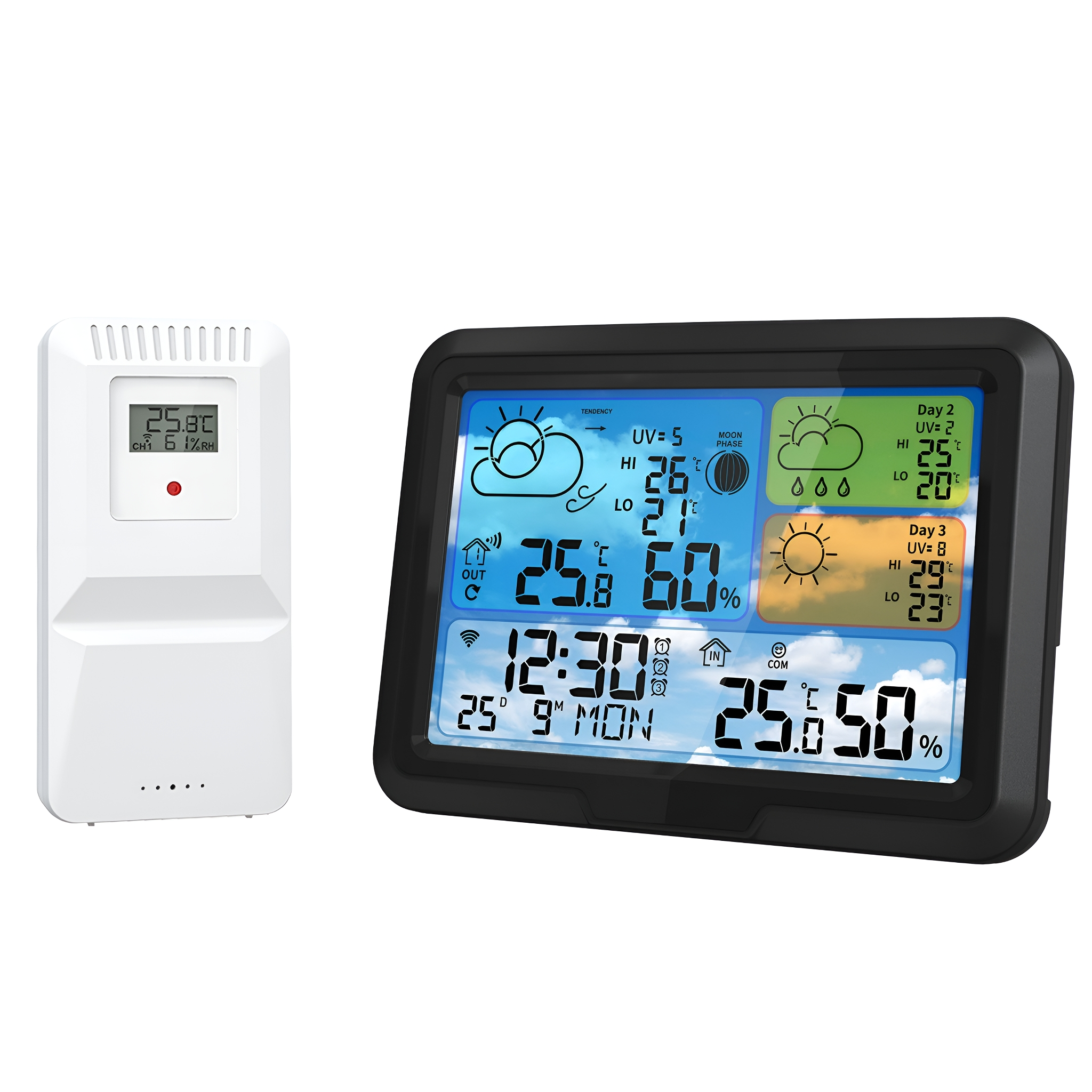 Eine weiße Wetterstation mit Digitalanzeige neben einer größeren schwarzen Wetterstation.