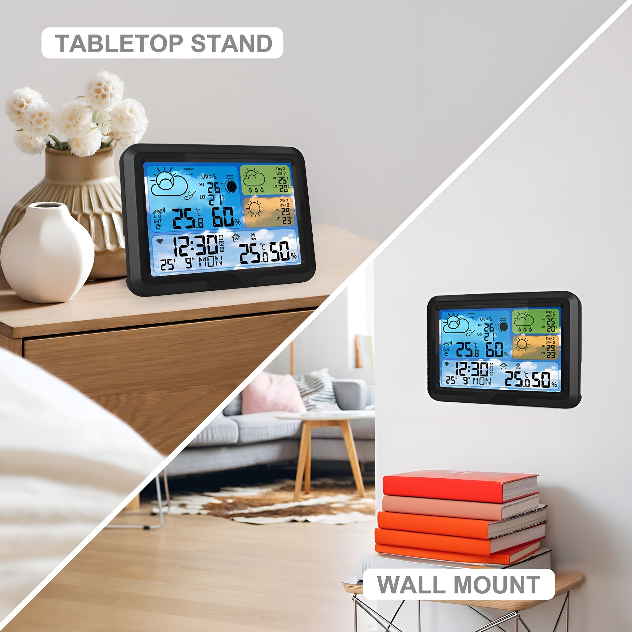 Eine Wetterstation auf einem Nachttisch und an einer Wand montiert. Es zeigt Wetterinformationen und Zeit an.