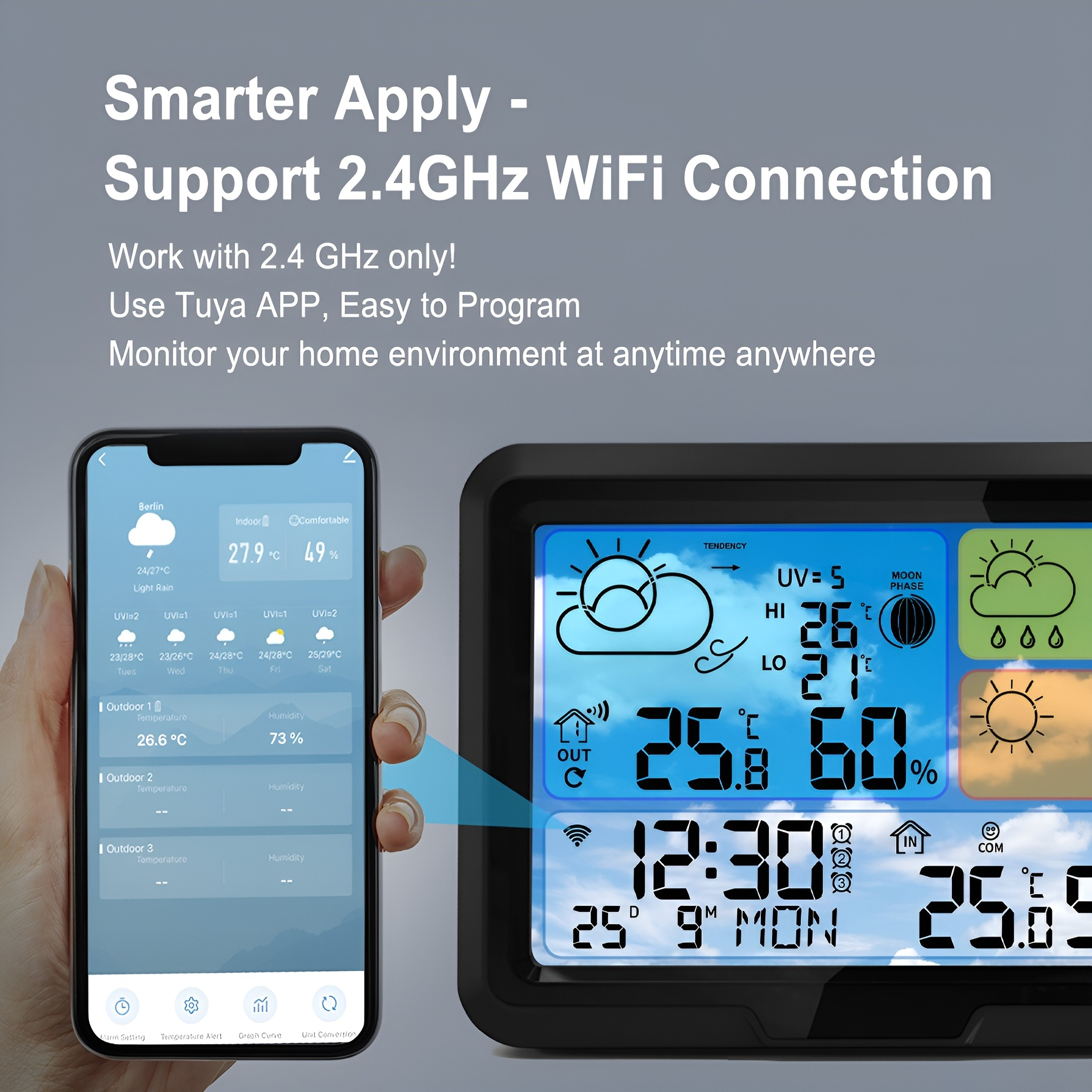 Smart Home Gerät zeigt Wetterdaten auf dem Bildschirm, Smartphone daneben.