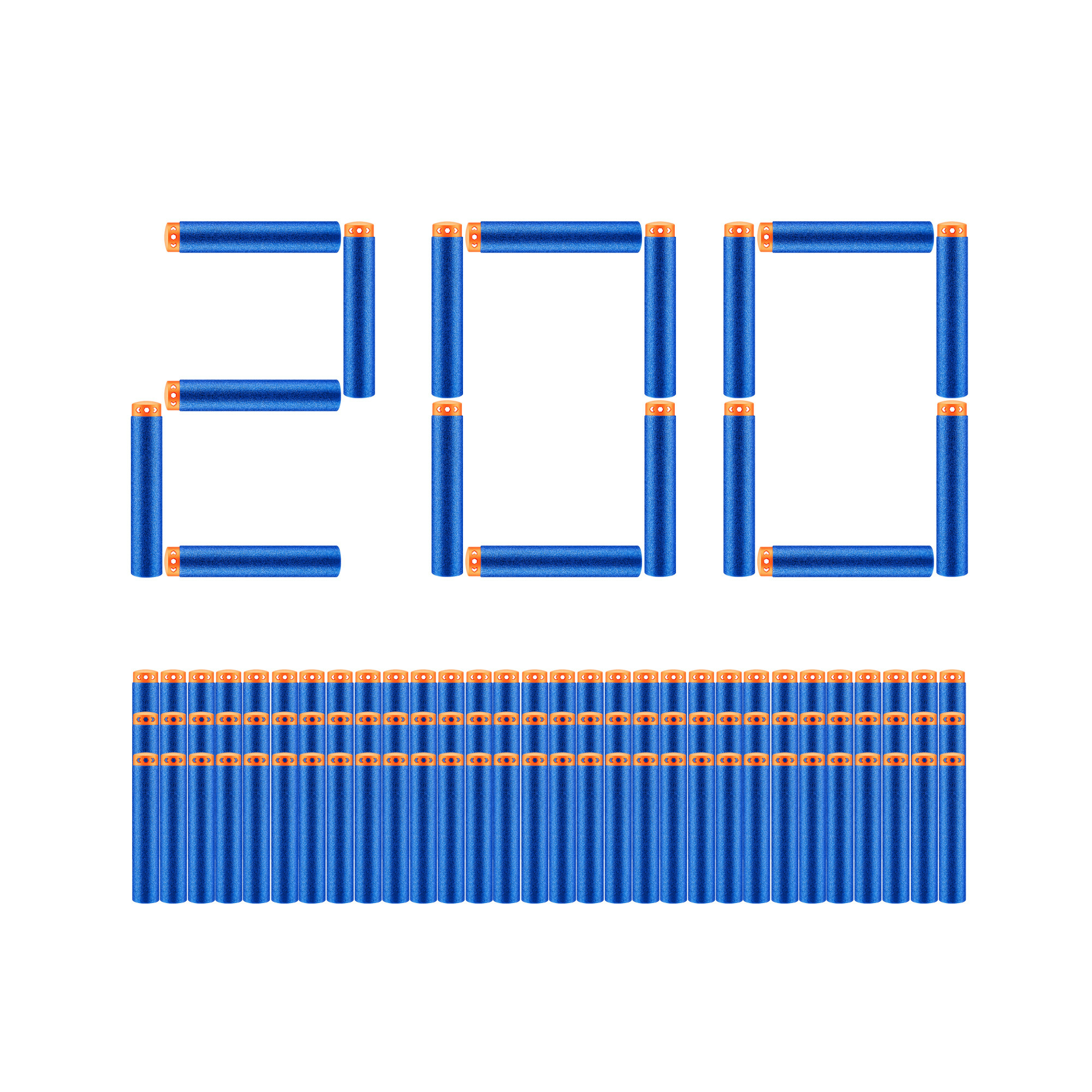 Niebieskie strzałki z pianki tworzące liczbę 200, plus rząd strzałek poniżej.