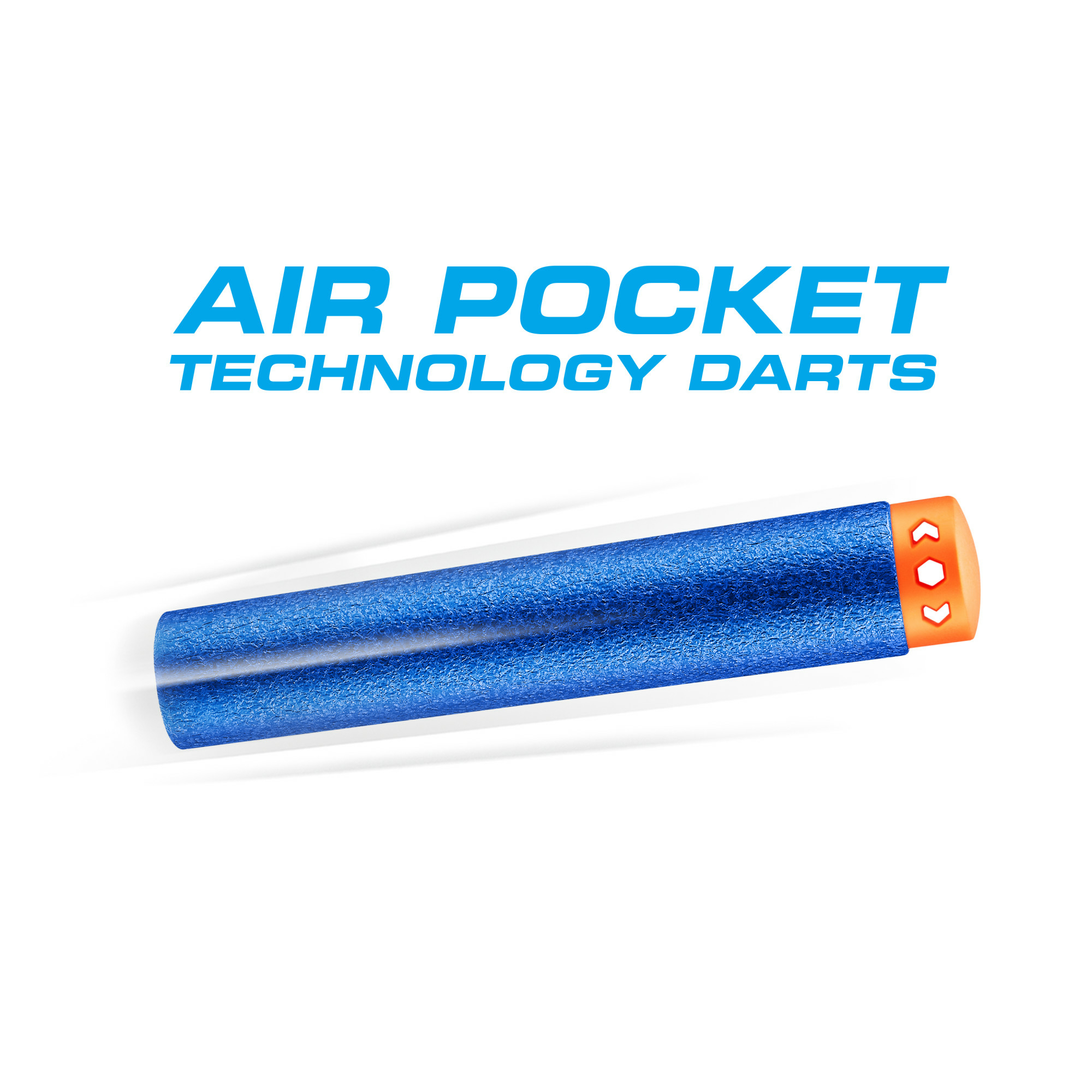 Niebieski rzutka z pianki z pomarańczową końcówką jest pokazana z tekstem „Air Pocket Technology Darts”.
