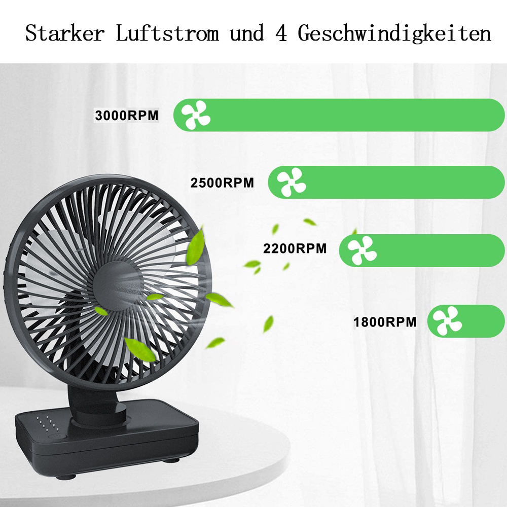 Schwarzer Tischventilator auf einem Tisch, mit grafischer Darstellung des Luftstroms bei verschiedenen Geschwindigkeiten. Blätter in der Luft.