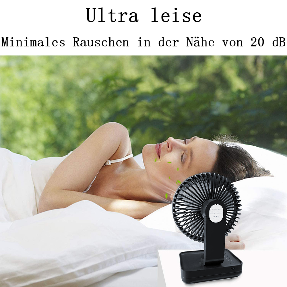 Schlafende Frau mit kleinem schwarzen Ventilator auf Nachttisch, Text 'Ultra leise'.