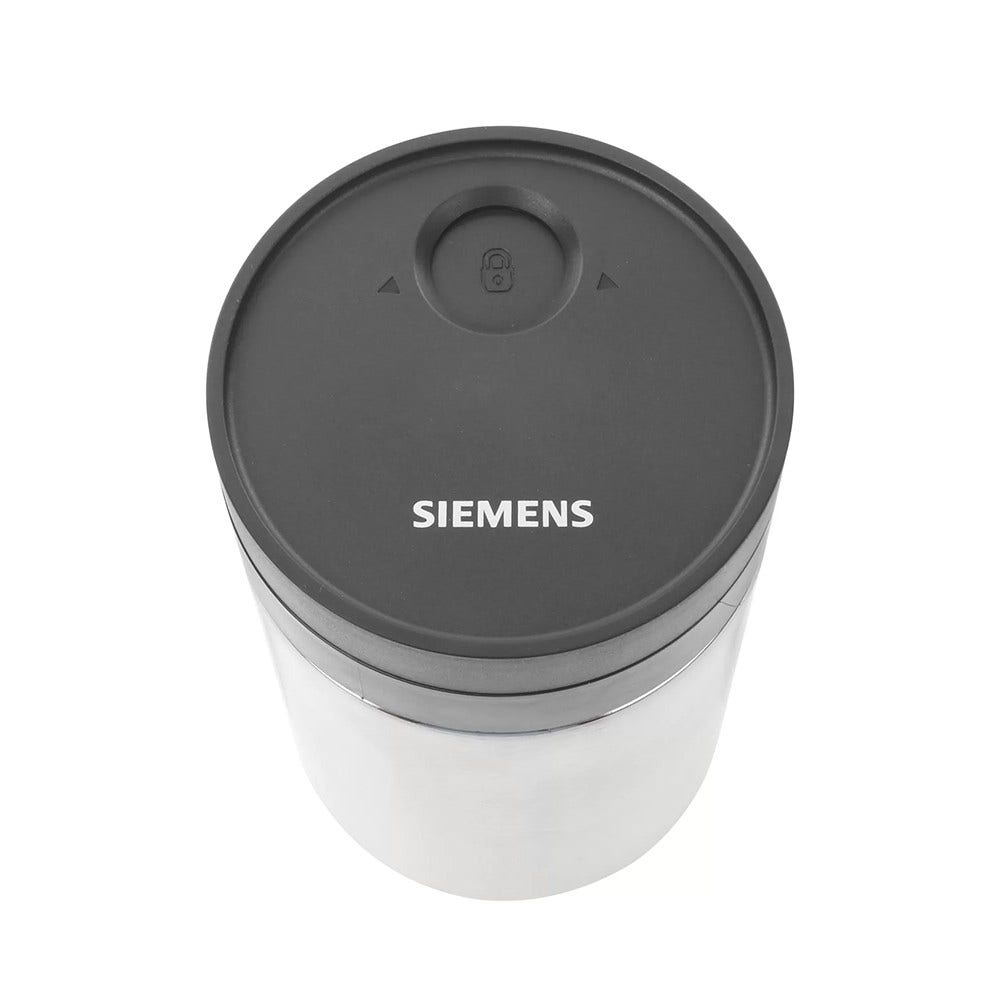 Ein zylindrischer, silberner und schwarzer Behälter mit dem Aufdruck 'SIEMENS' auf dem oberen Deckel.