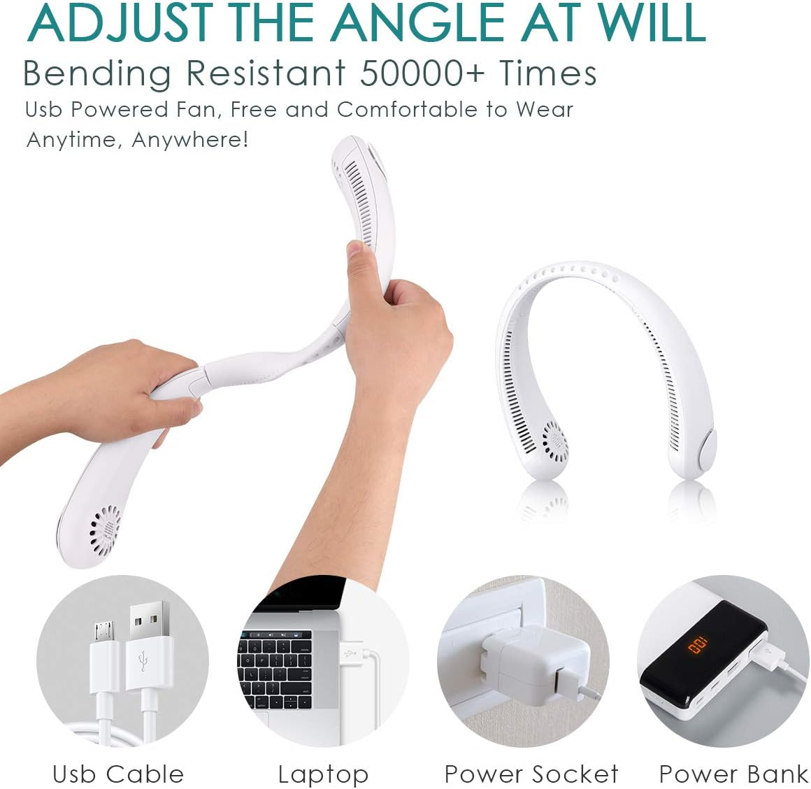 Person hält weißen Nackenventilator, mit Bildern von Ladeoptionen. USB-Kabel, Laptop, Steckdose, Powerbank.