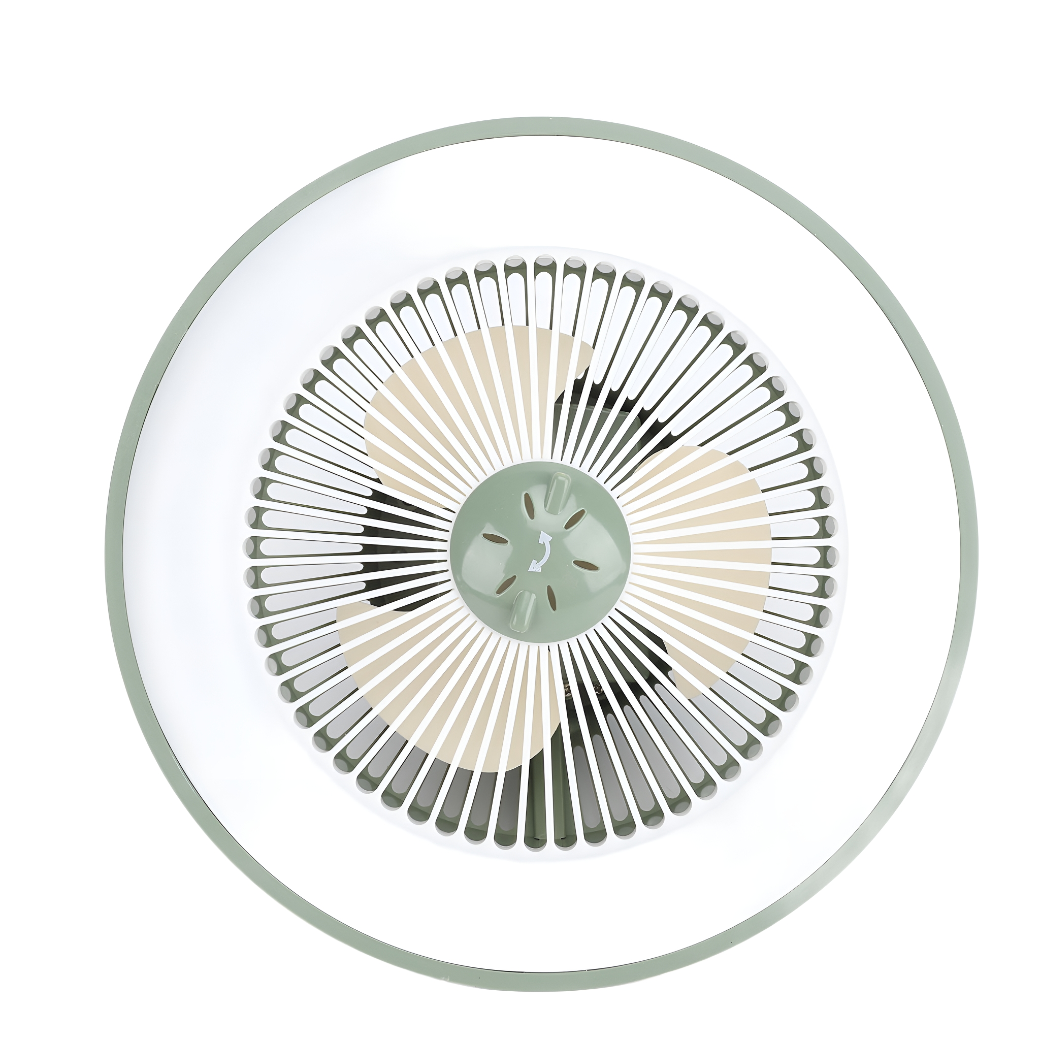 Deckenventilator, weiß mit grünen Akzenten, Blätter beige.
