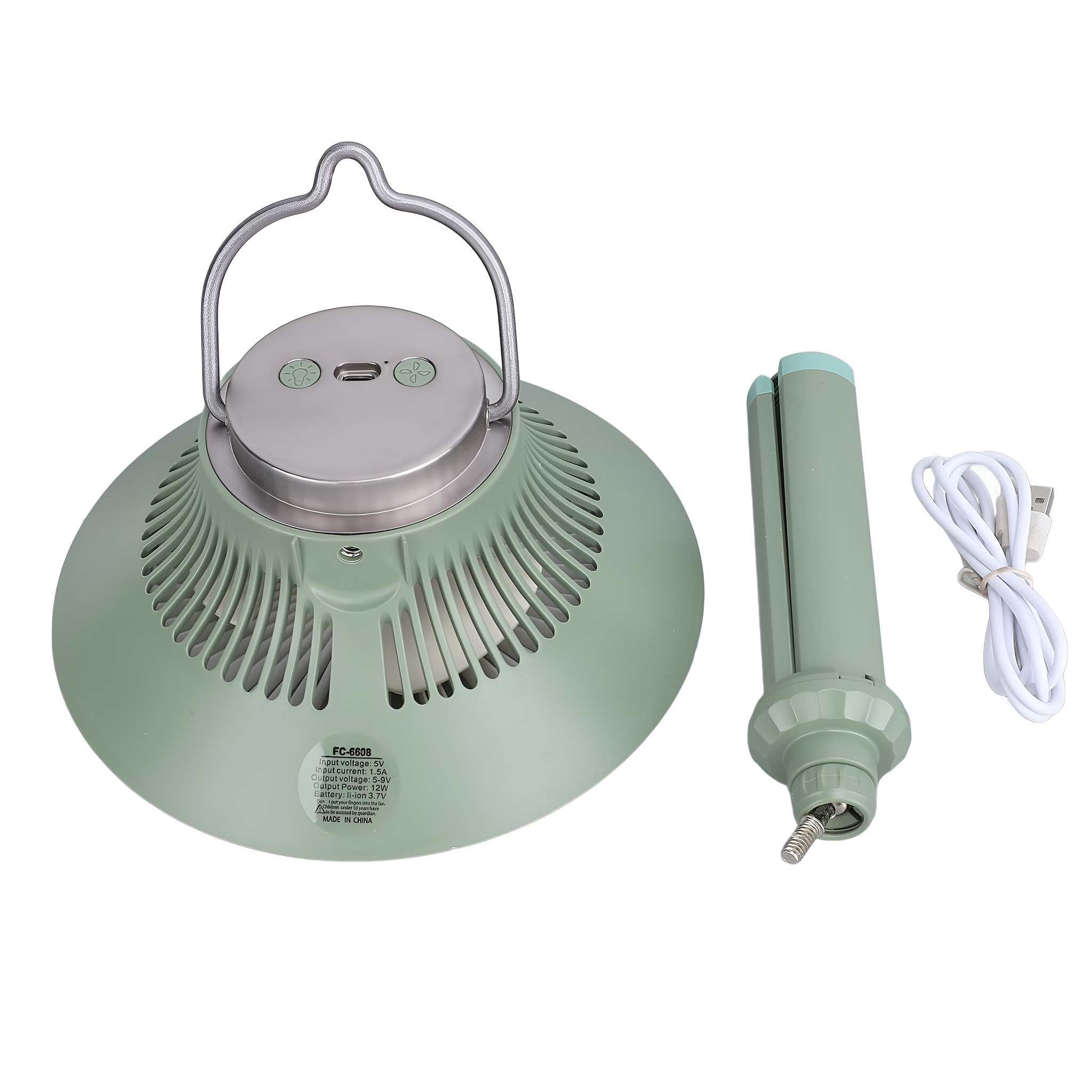 Eine grüne Campinglaterne und eine grüne Röhre mit einem weißen USB-Kabel.