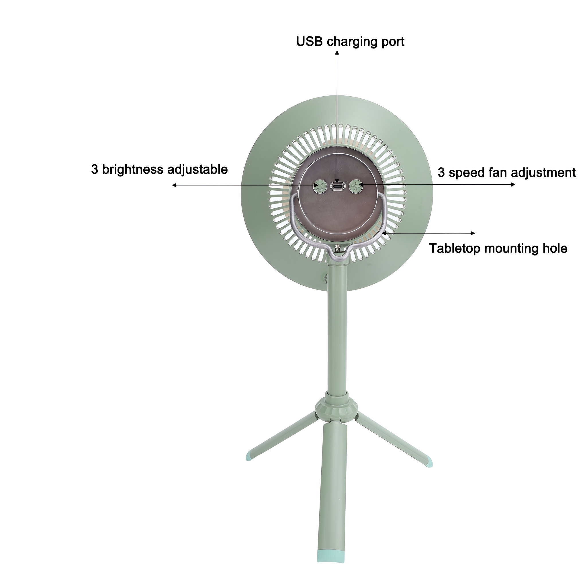 Ein grüner Ventilator mit einstellbarer Helligkeit und Geschwindigkeit, montiert auf einem Stativ.