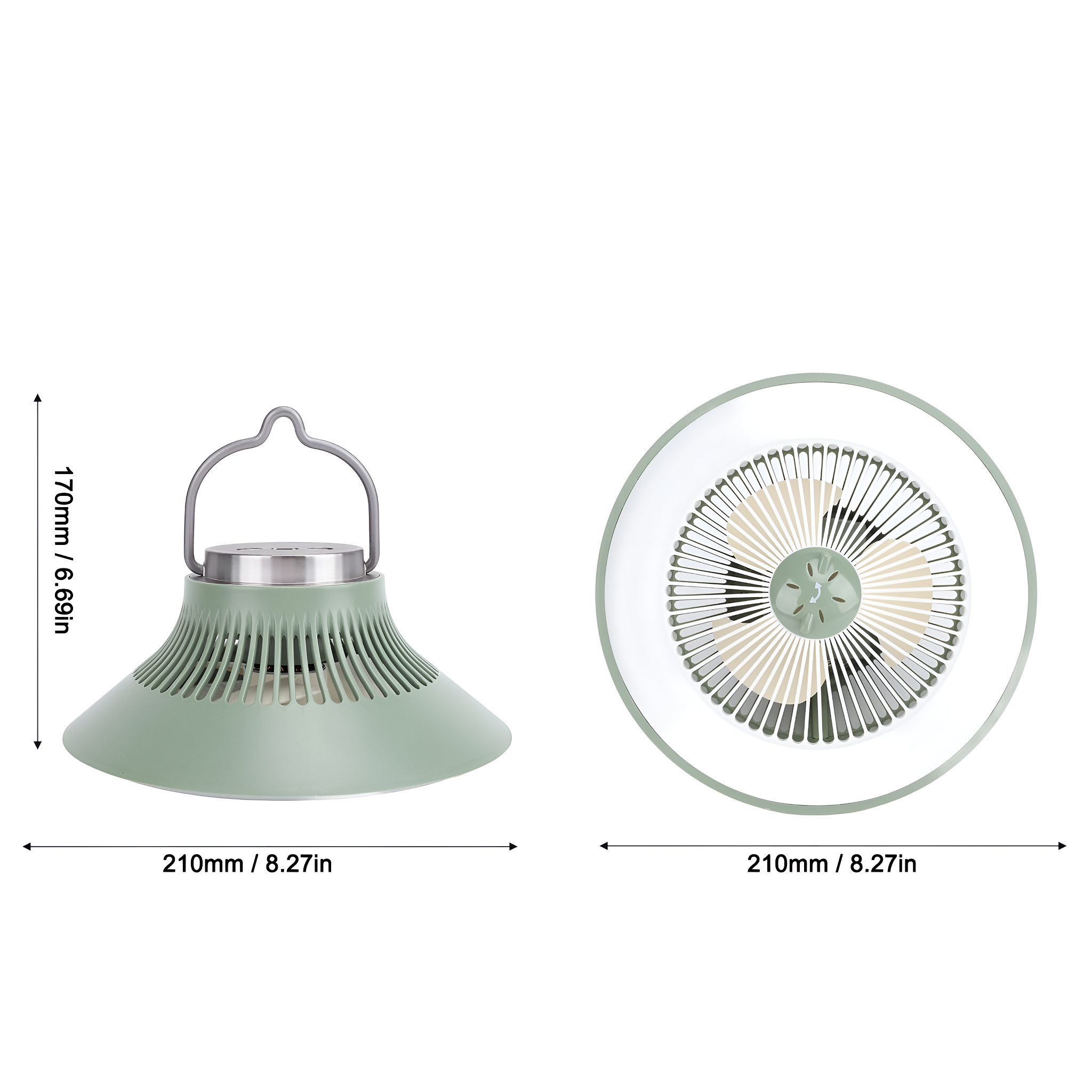 Grüner und weißer tragbarer Ventilator mit Abmessungen. Der Ventilator hat Flügel. Er ist rund und hat einen Griff.