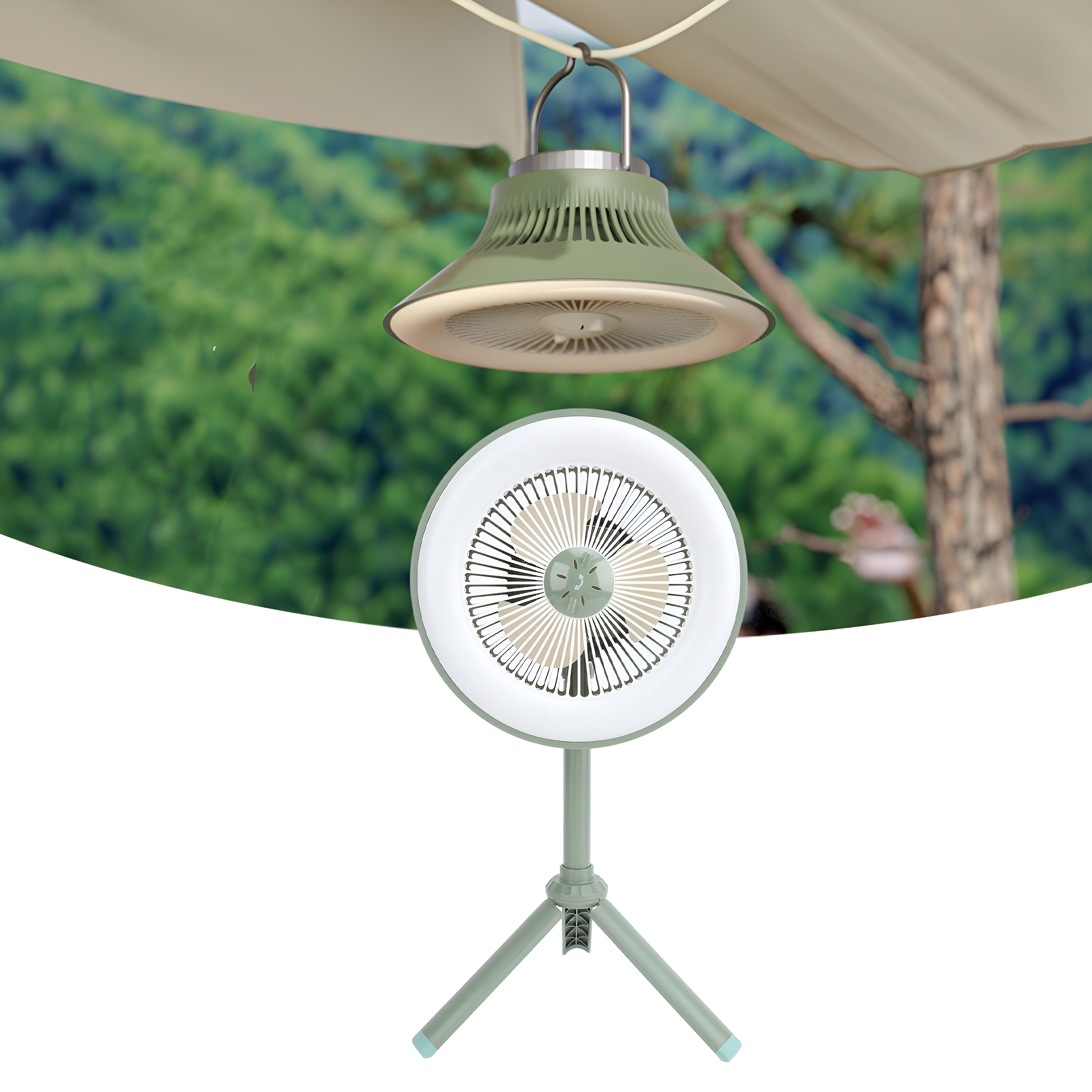 Ein Ventilator mit einer Hängelampe und Bäumen im Hintergrund. Der Ventilator steht auf einem Ständer.