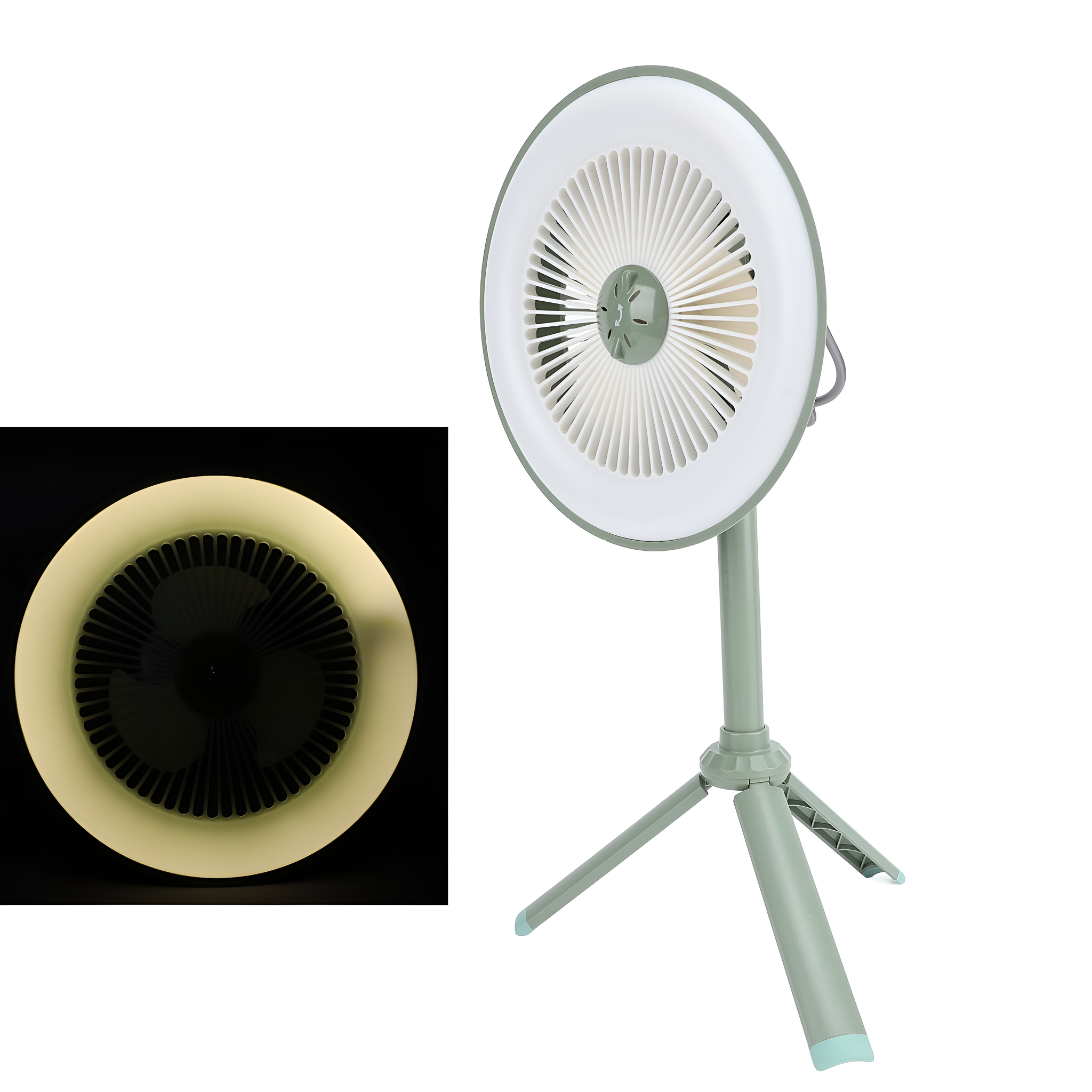 Ein kleiner grüner Ventilator auf einem Stativ. Er hat ein kreisförmiges Licht um die Lüfterblätter. Nahaufnahme des Ventilators.
