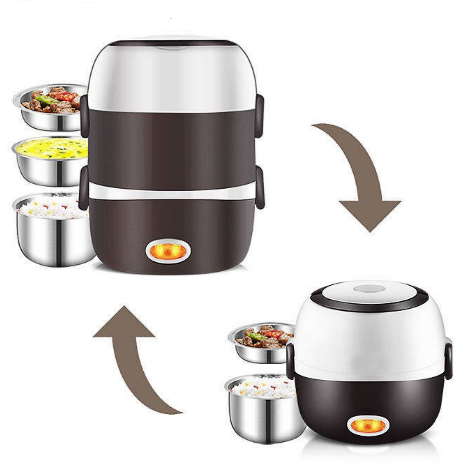 Tragbare elektrische Lunchbox mit zwei Fächern, mit Essen und einsatzbereit.