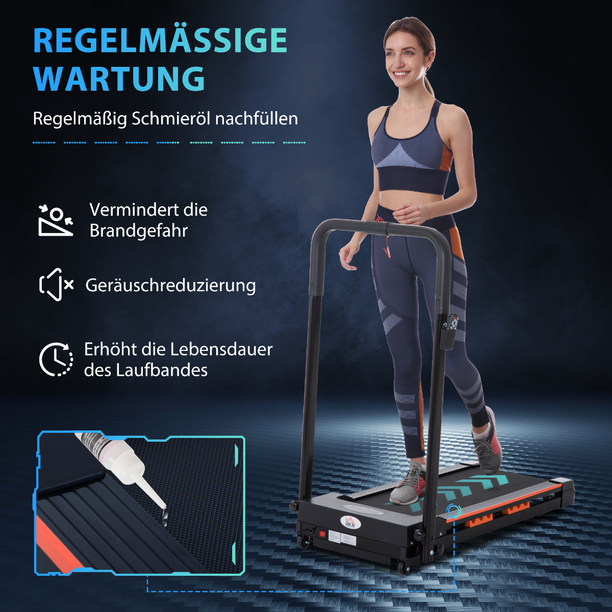 Frau läuft auf einem Laufband mit Wartungsanweisungen und Vorteilen, die in der Nähe angezeigt werden.