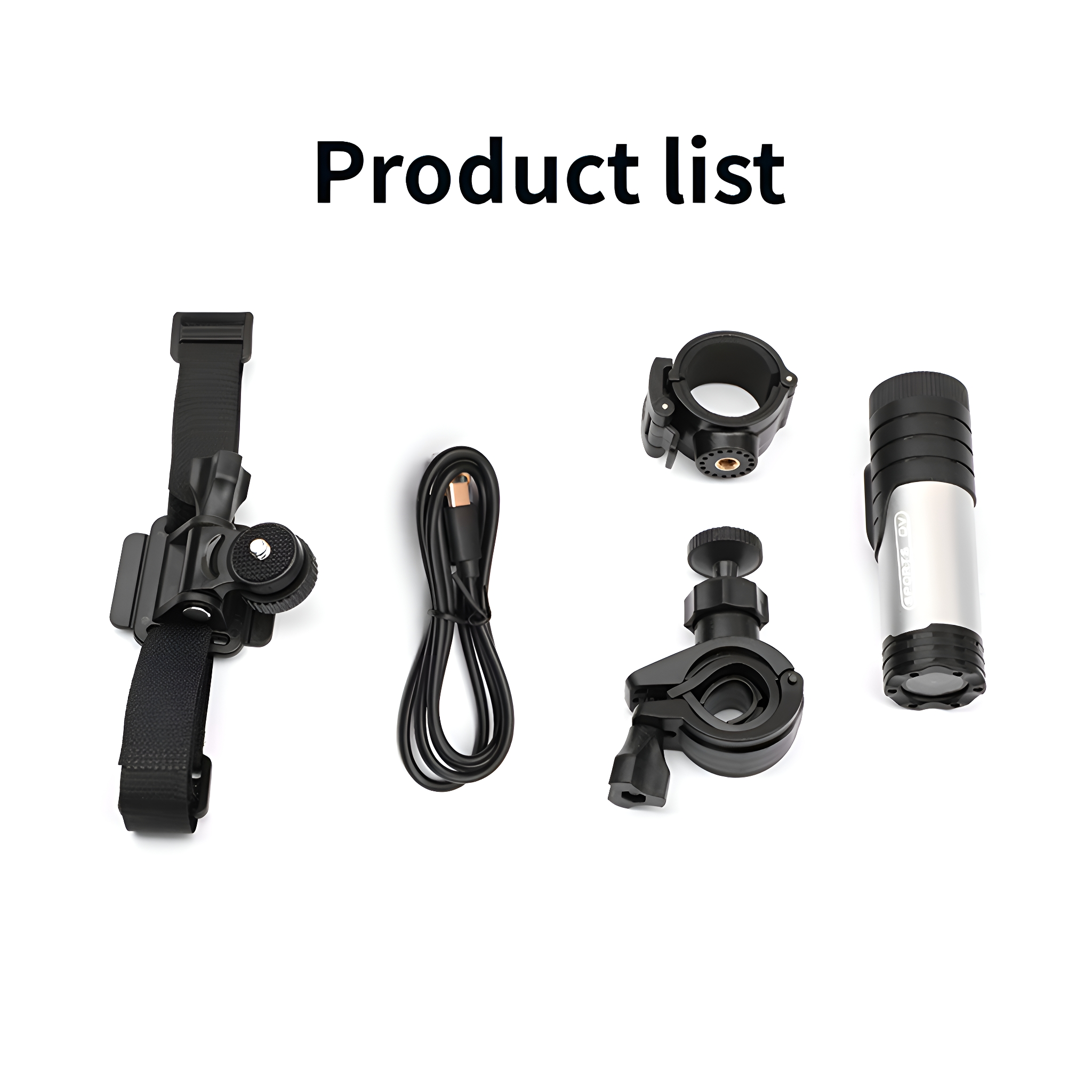 Produktliste mit Zubehör, darunter ein Riemen, ein USB-Kabel und mehrere Montagehalterungen.