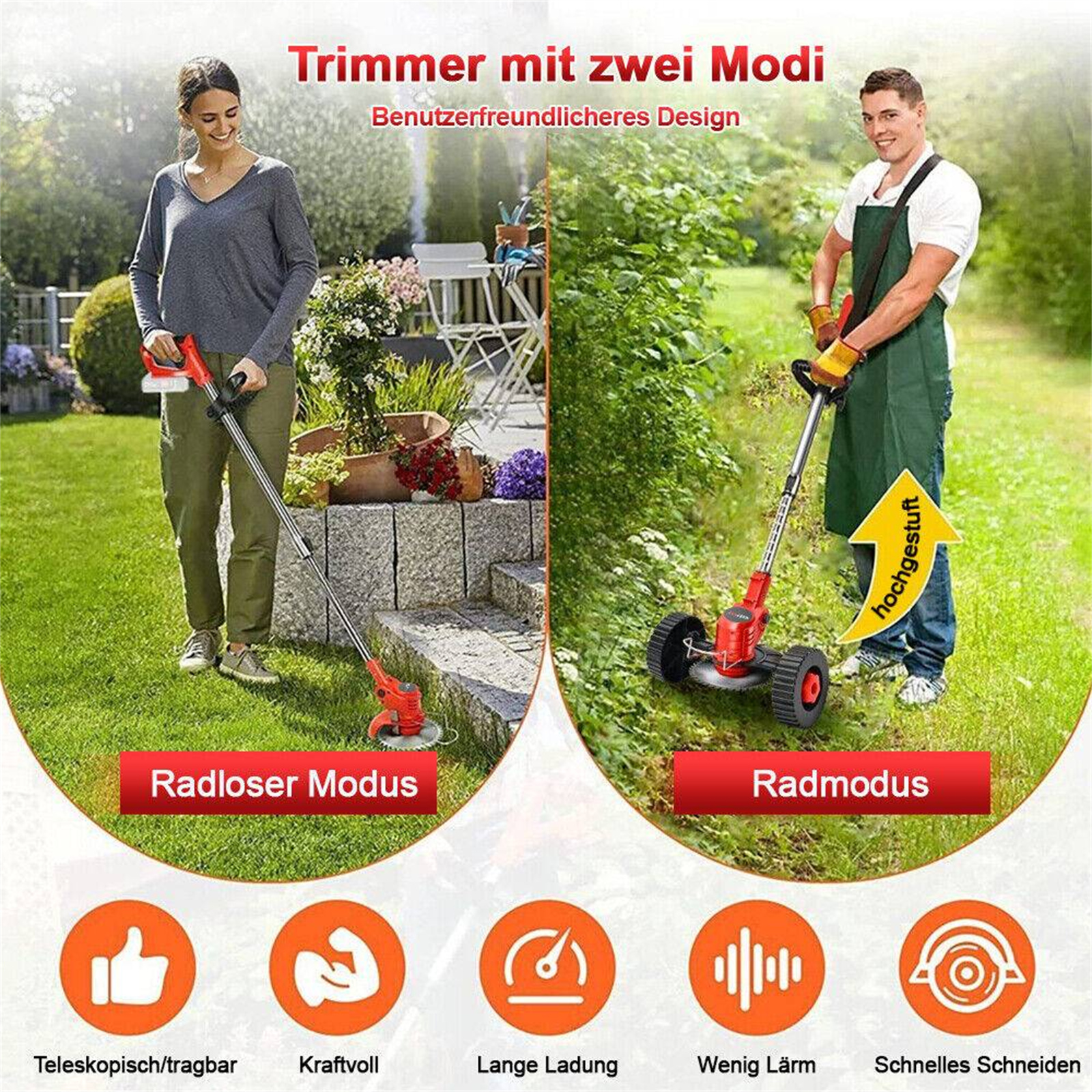 Bild zeigt zwei Personen, die verschiedene Modi des Rasentrimmers verwenden, mit Etiketten.