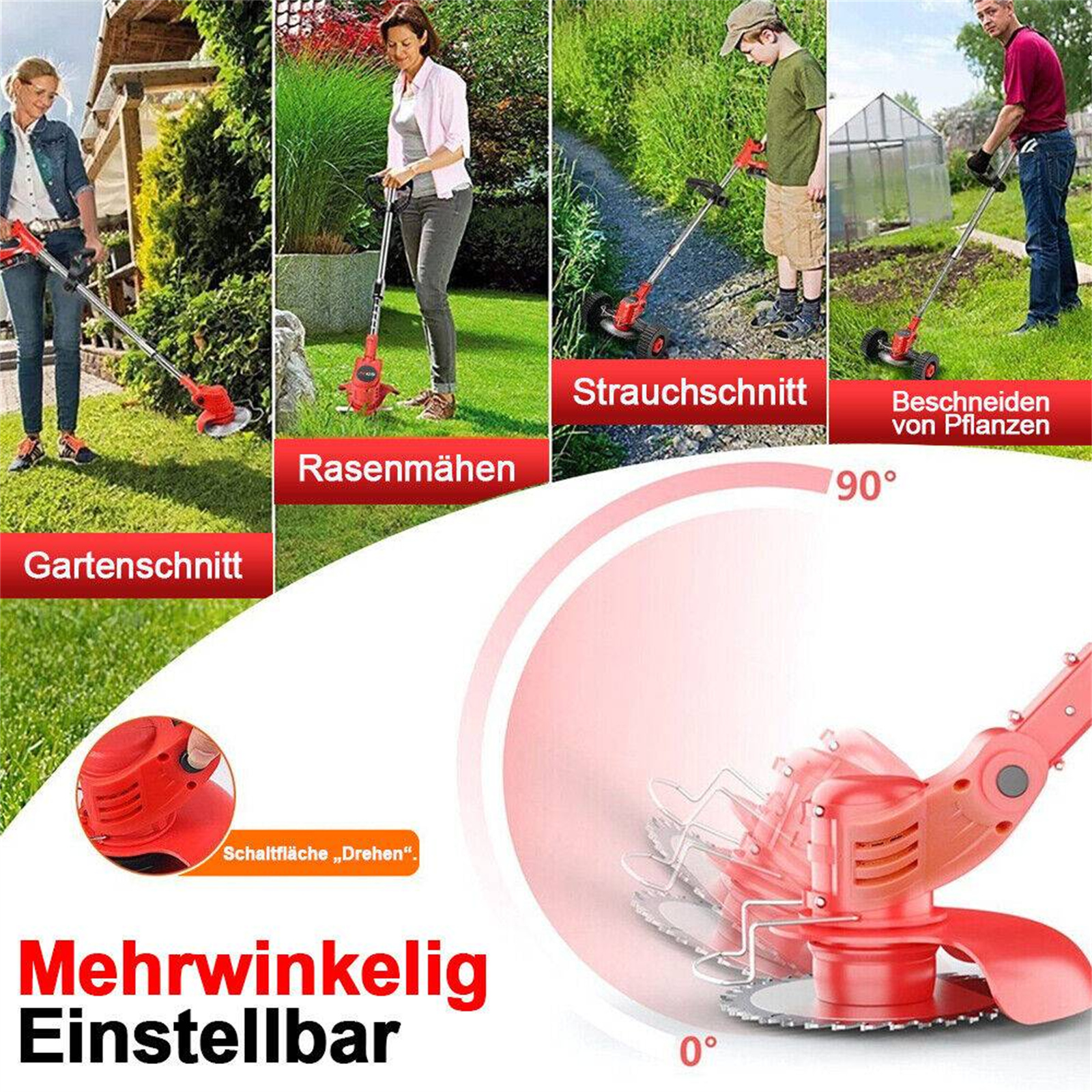 Vier Bilder zeigen Personen, die Gras mit elektrischen Trimmern schneiden. Text zeigt verschiedene Anwendungen.