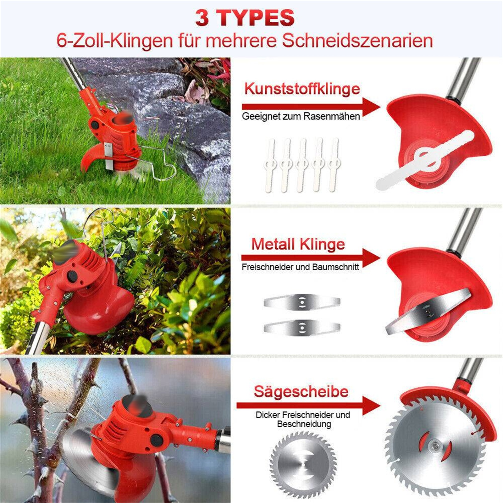 Ein roter elektrischer Rasentrimmer mit verschiedenen Klingen für verschiedene Schneideszenarien.