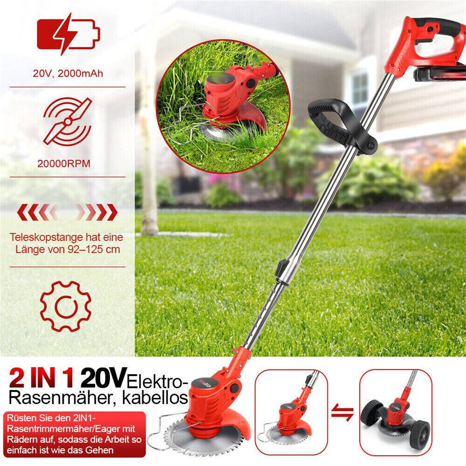 Eine Anzeige mit einem roten, kabellosen Rasentrimmer mit 2-in-1-Funktion, auf grünem, grasbewachsenem Hintergrund.