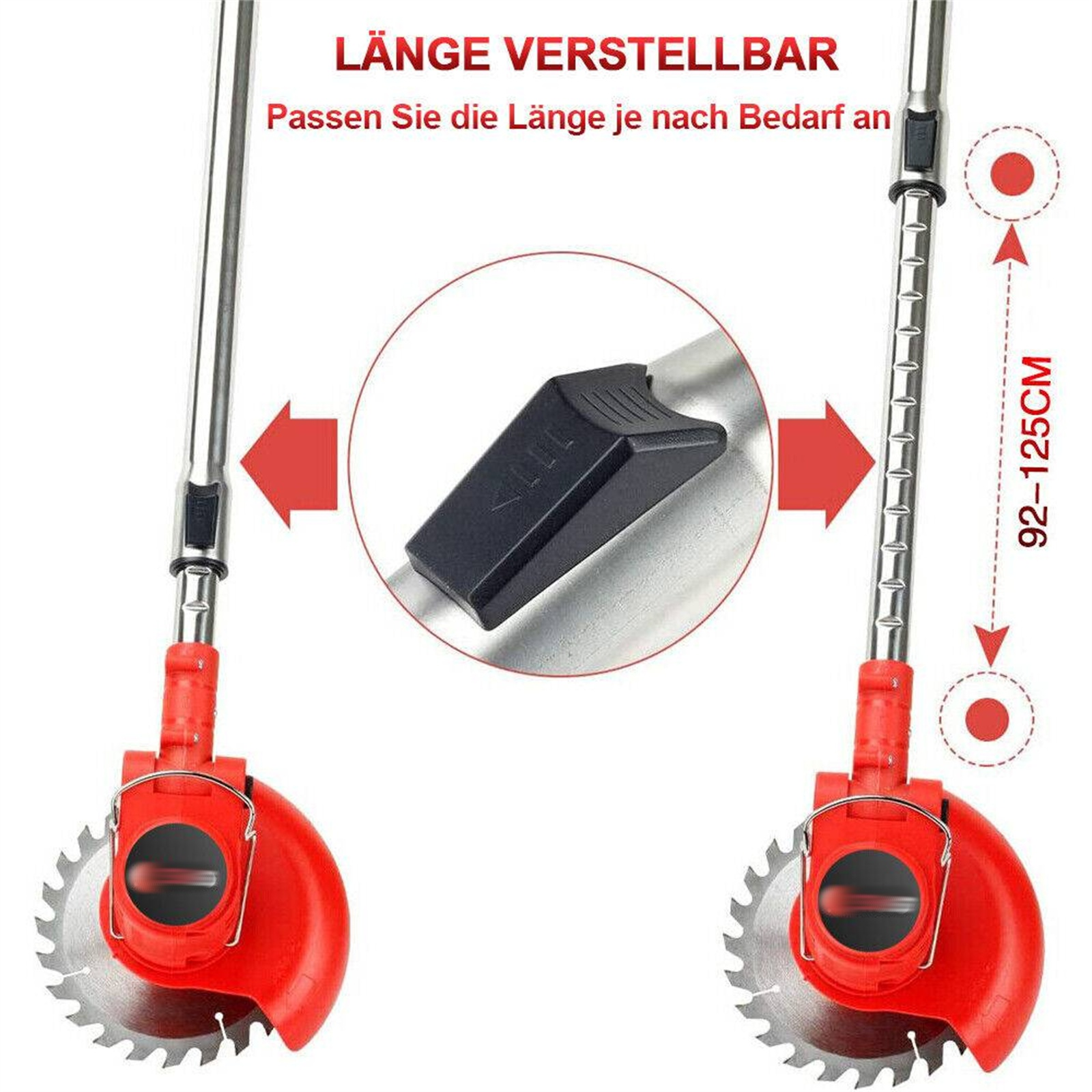 Ein roter und silberner Trimmer, mit Pfeilen, die die Längenverstellung zeigen. Text zeigt 92-125cm Länge.