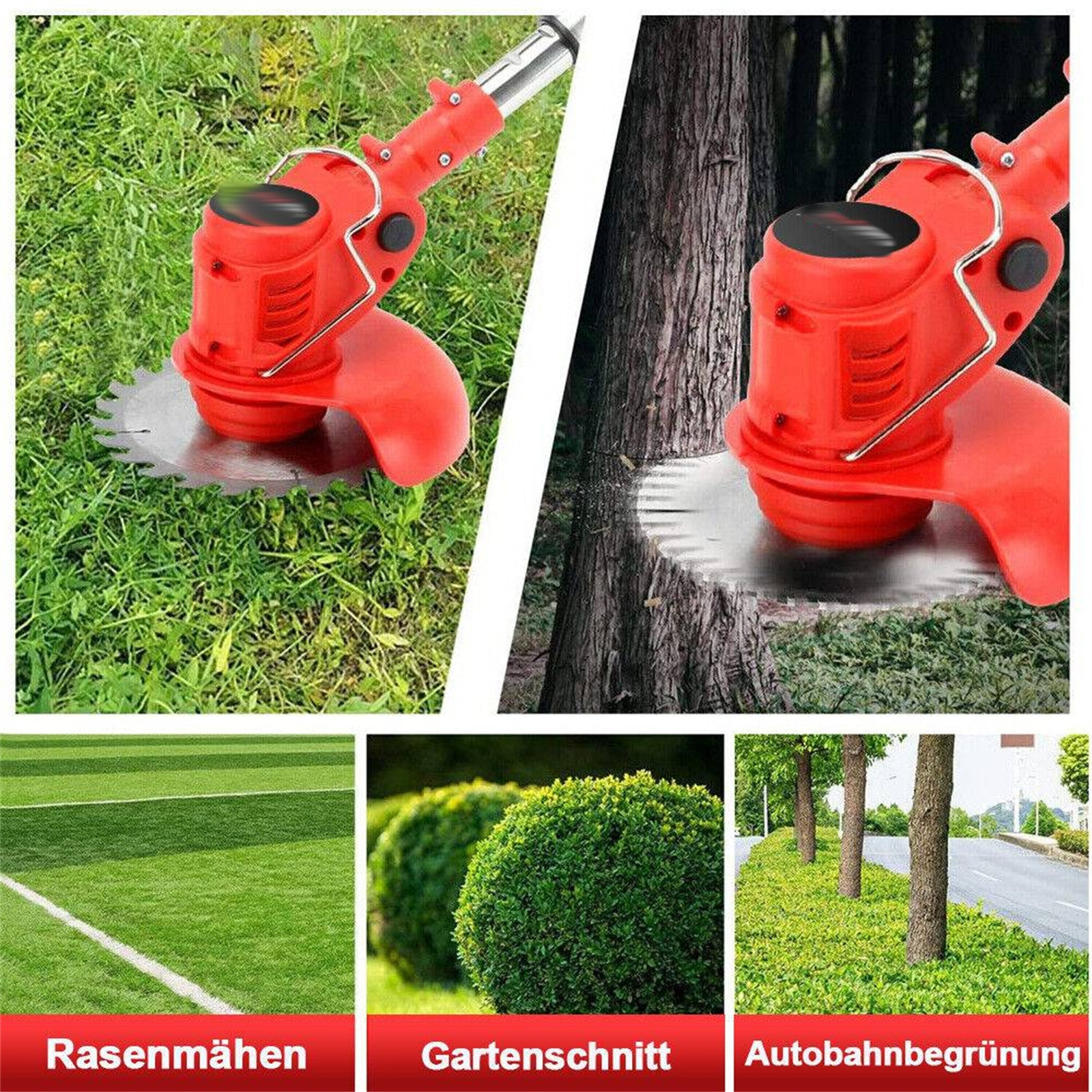 Ein Rasentrimmer in Gebrauch auf Gras und auf drei verschiedenen Oberflächen, mit deutschen Textbeschriftungen.