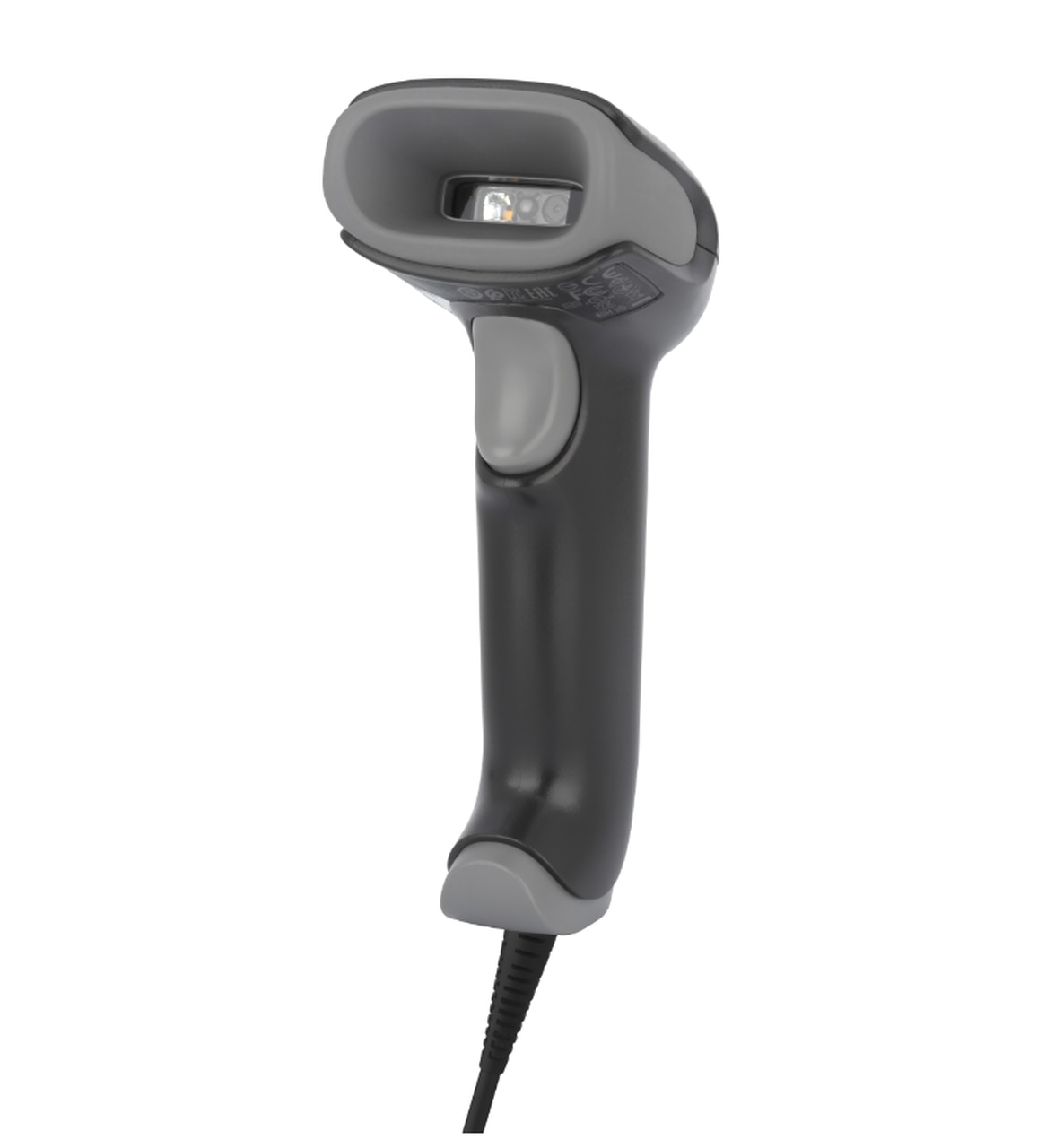 Scanner di codici a barre nero e grigio. Ha una lunga maniglia e una finestra di scansione.