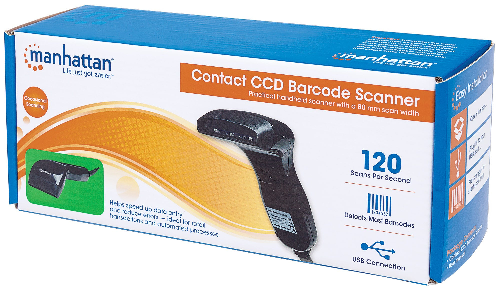 Scatola con immagine di uno scanner di codici a barre. Testo: Contact CCD Barcode Scanner. Blu e bianco.