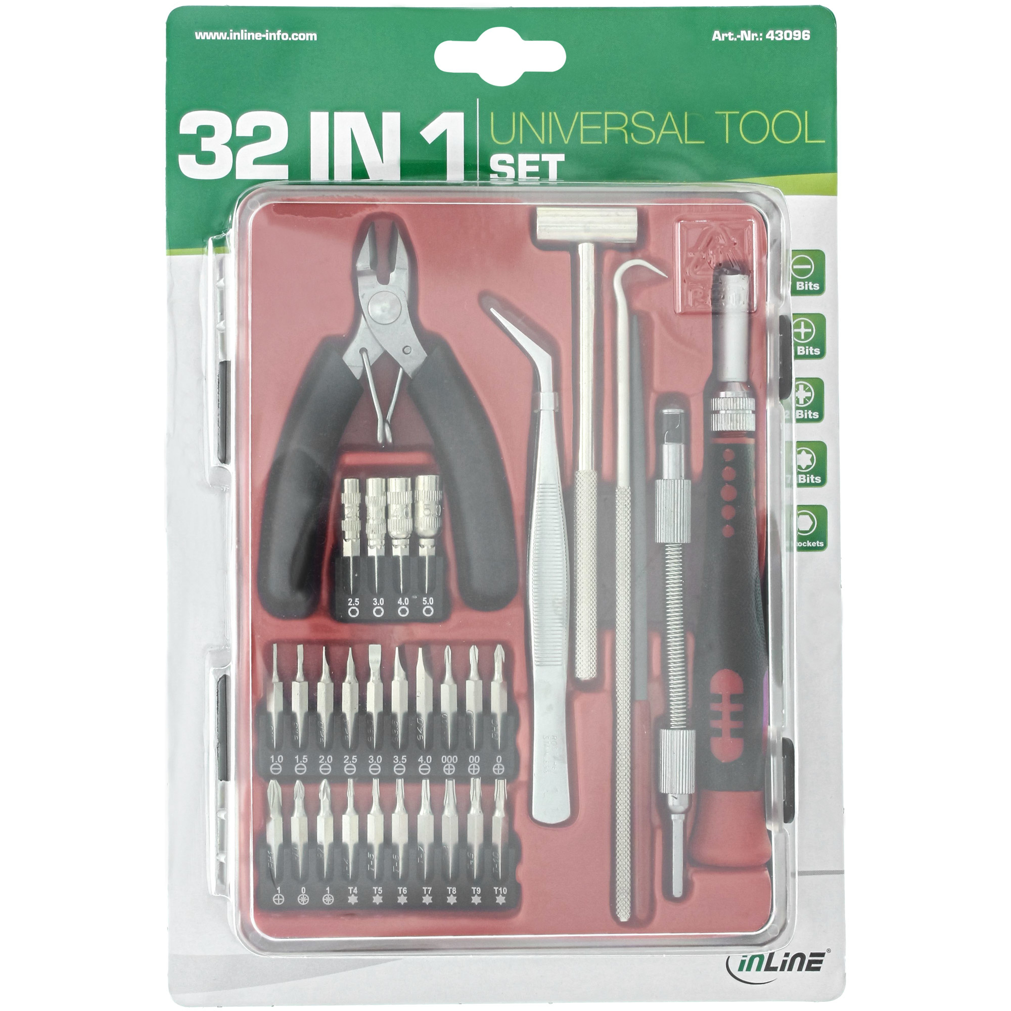 Ein 32-in-1 Universal-Werkzeugsatz mit verschiedenen Werkzeugen, einschließlich Zangen und Schraubendrehern.