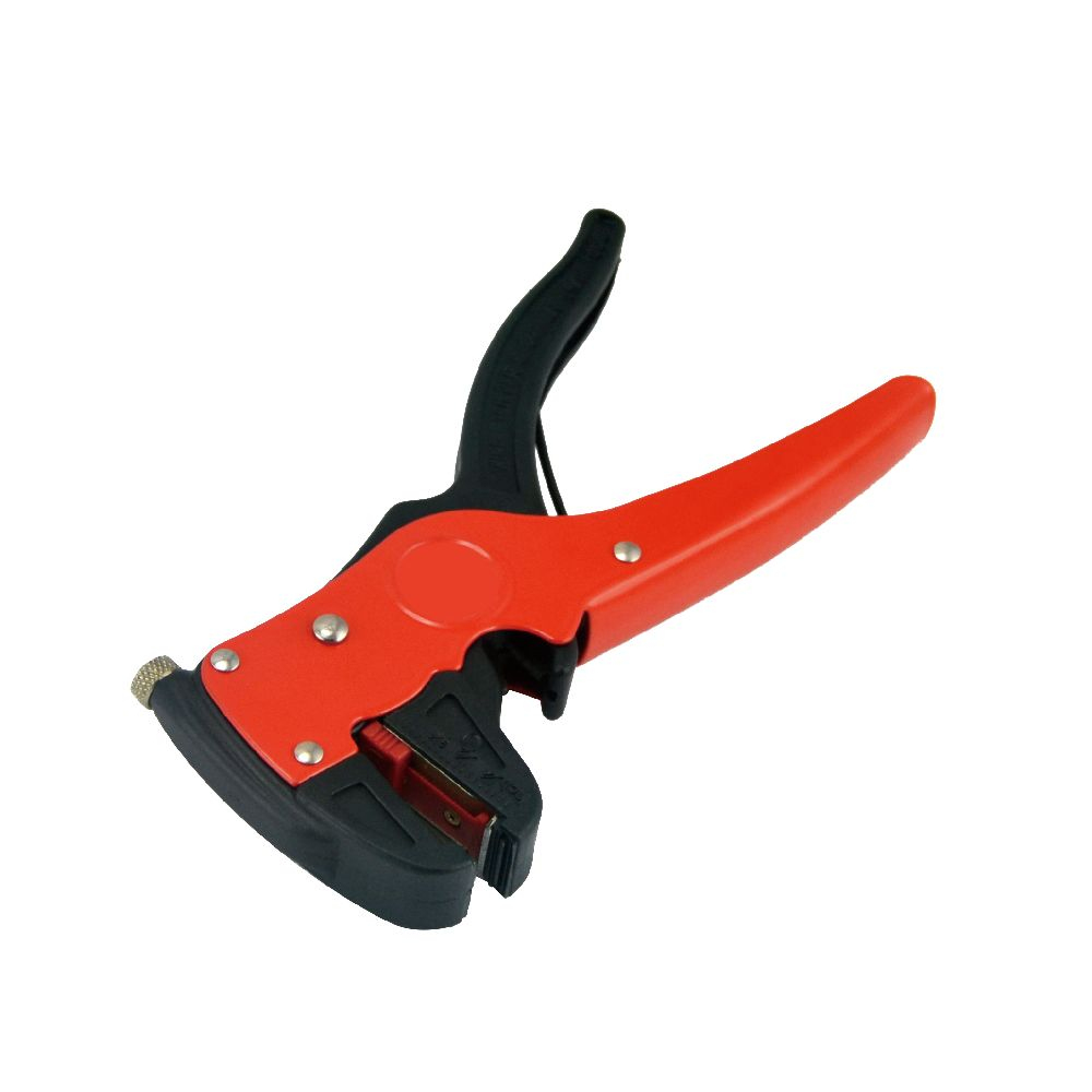 Herramienta pelacables roja y negra. Tiene un mango y una zona de corte. Hay un tornillo en la parte superior.