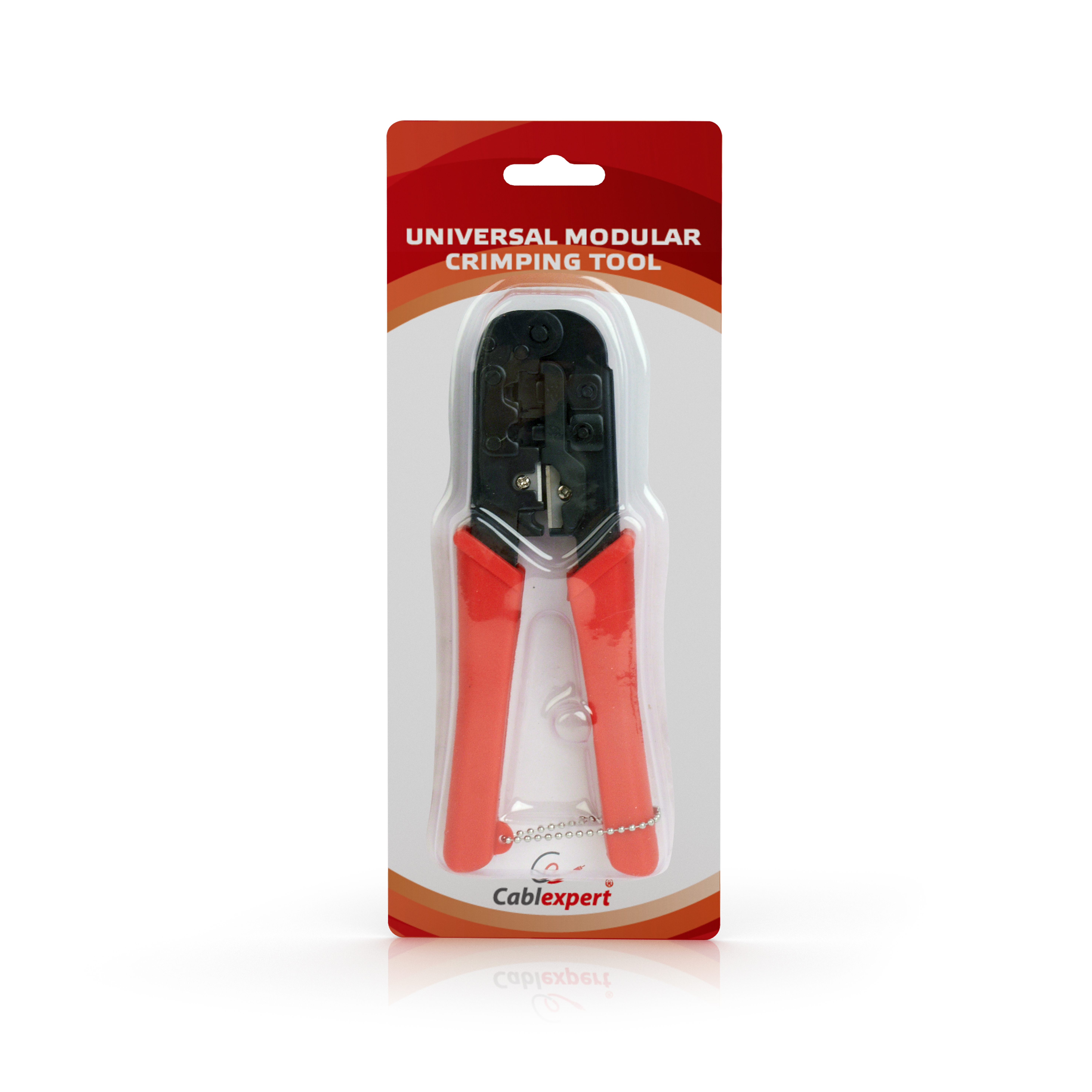 Czerwono-czarne narzędzie zaciskające w plastikowym opakowaniu, na białej powierzchni.