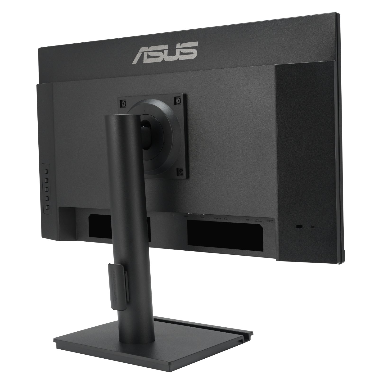 Czarny monitor komputerowy od tyłu, ze stojakiem, portami i logo ASUS.