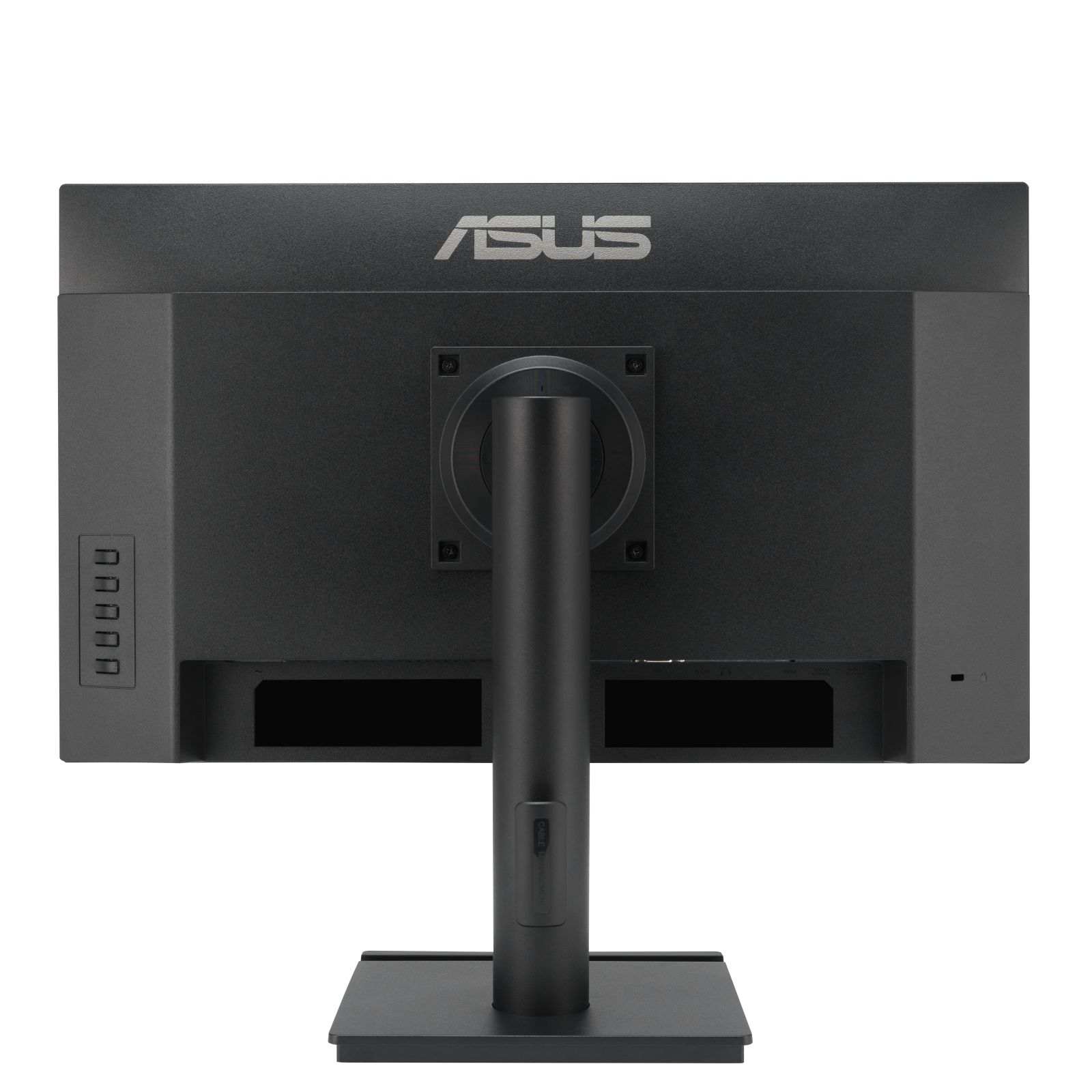 Tył czarnego monitora ze stojakiem i logo Asus. Szare tło.