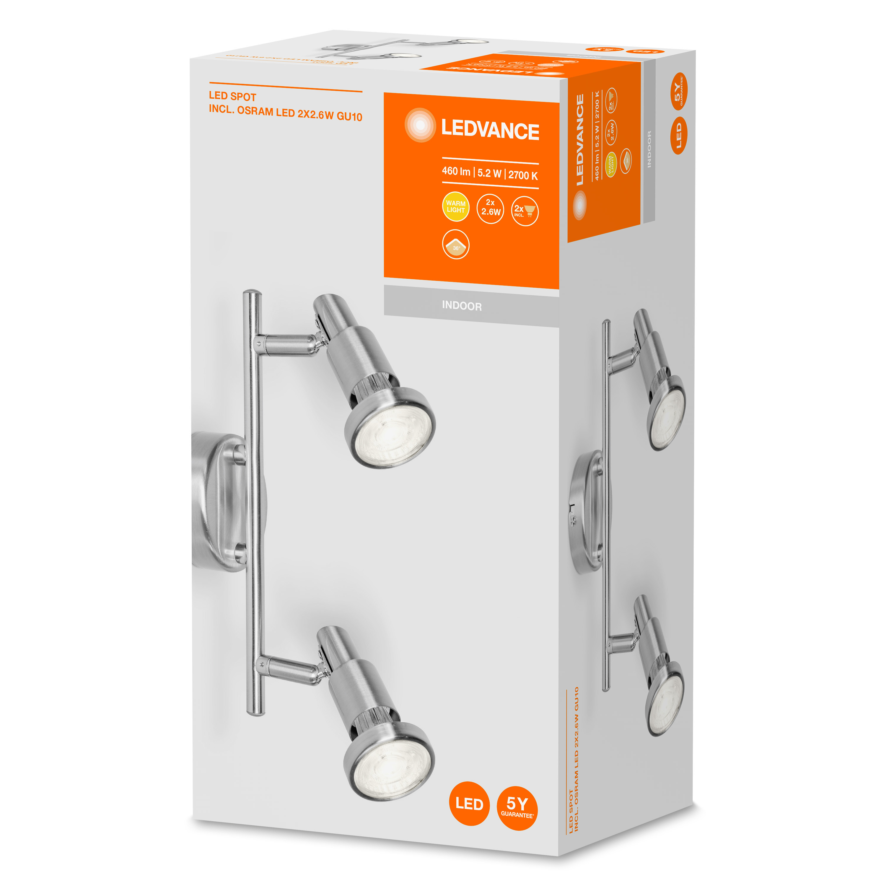 Pudełko z reflektorami LED. Pudełko ma srebrną oprawę oświetleniową i białe tło.