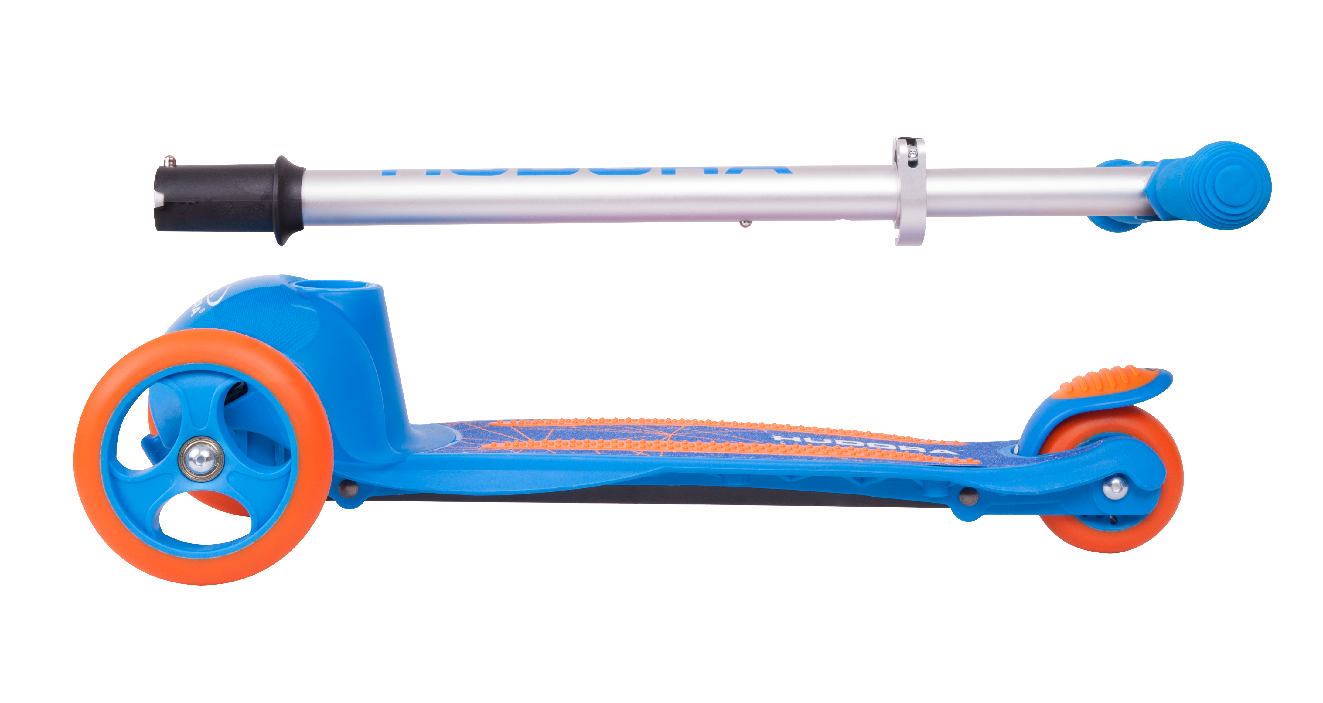 Scooter blu e arancione con manubrio staccabile. Ruote e piattaforma arancioni.