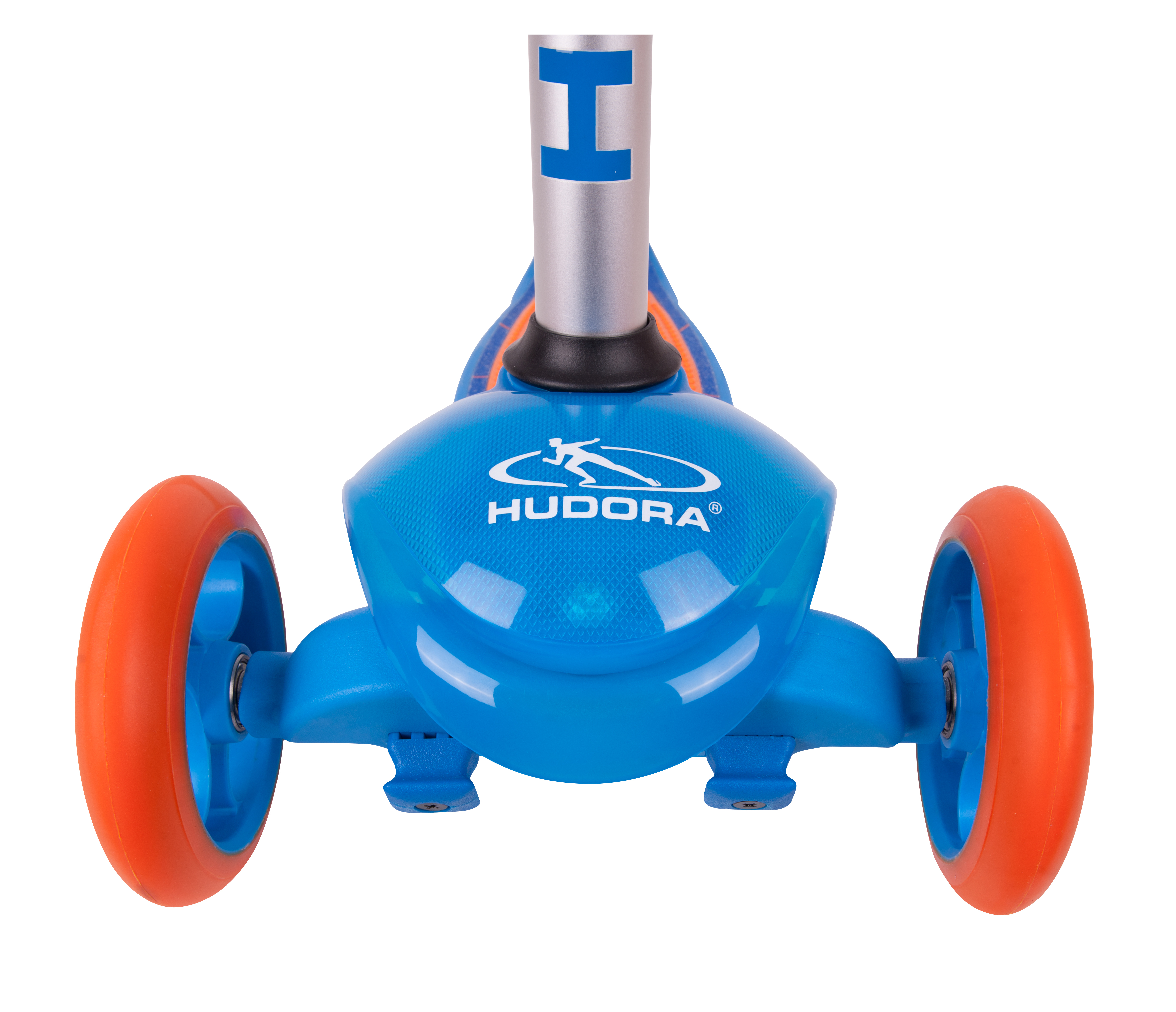 Vista frontale di uno scooter blu con ruote arancioni, marchio sulla parte anteriore.