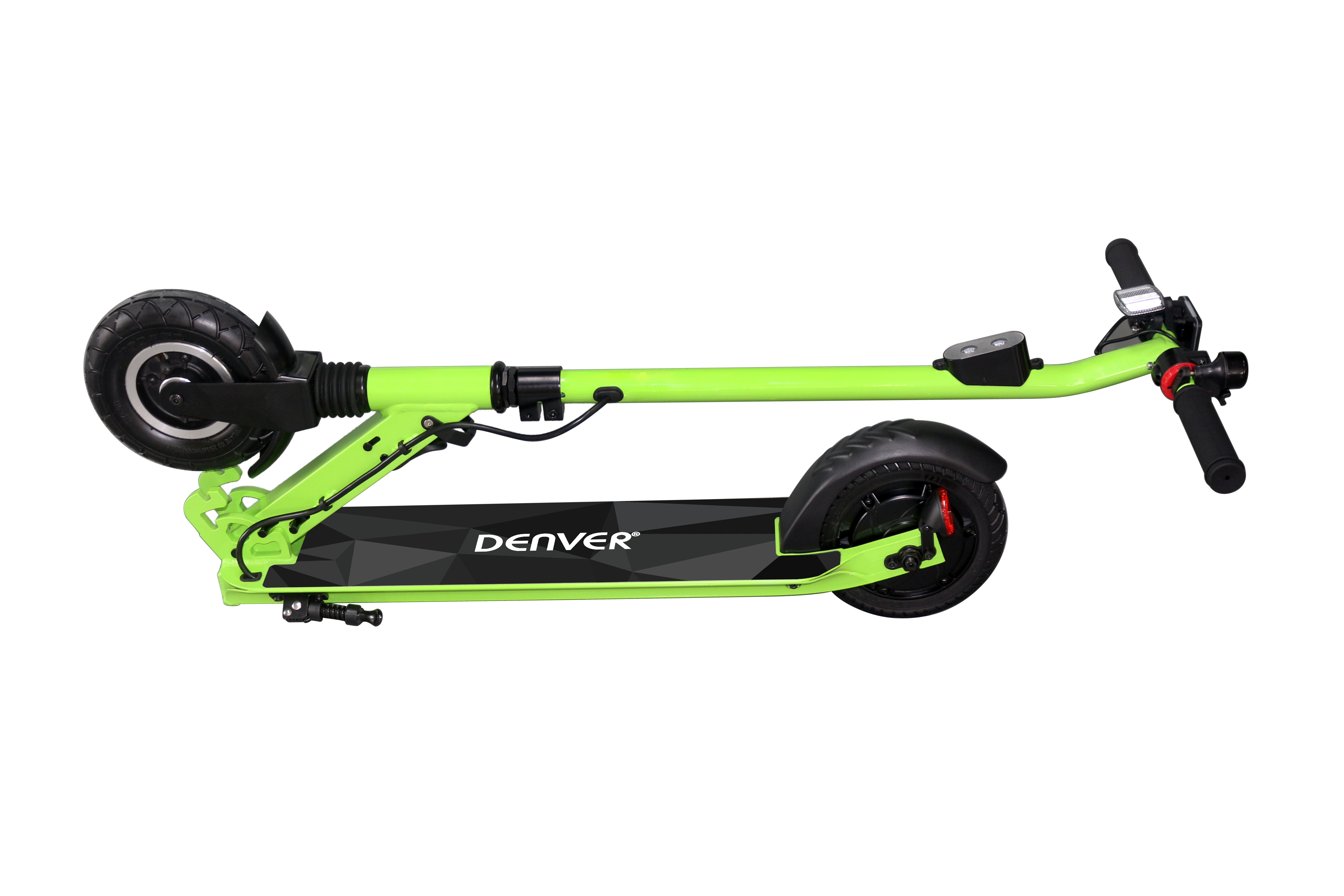 Scooter elettrico verde lime piegato su sfondo bianco, ruote e dettagli neri.